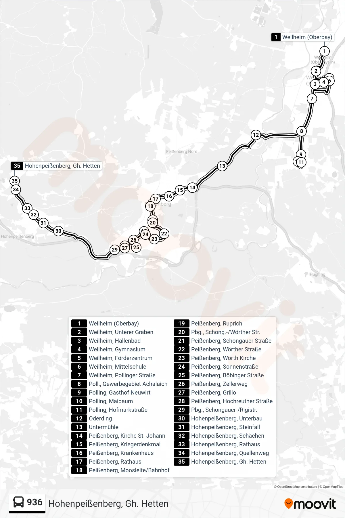 Linie 936 (Bus) Richtung Hohenpeißenberg, Gh. Hetten: Route und Haltestellen auf der Karte