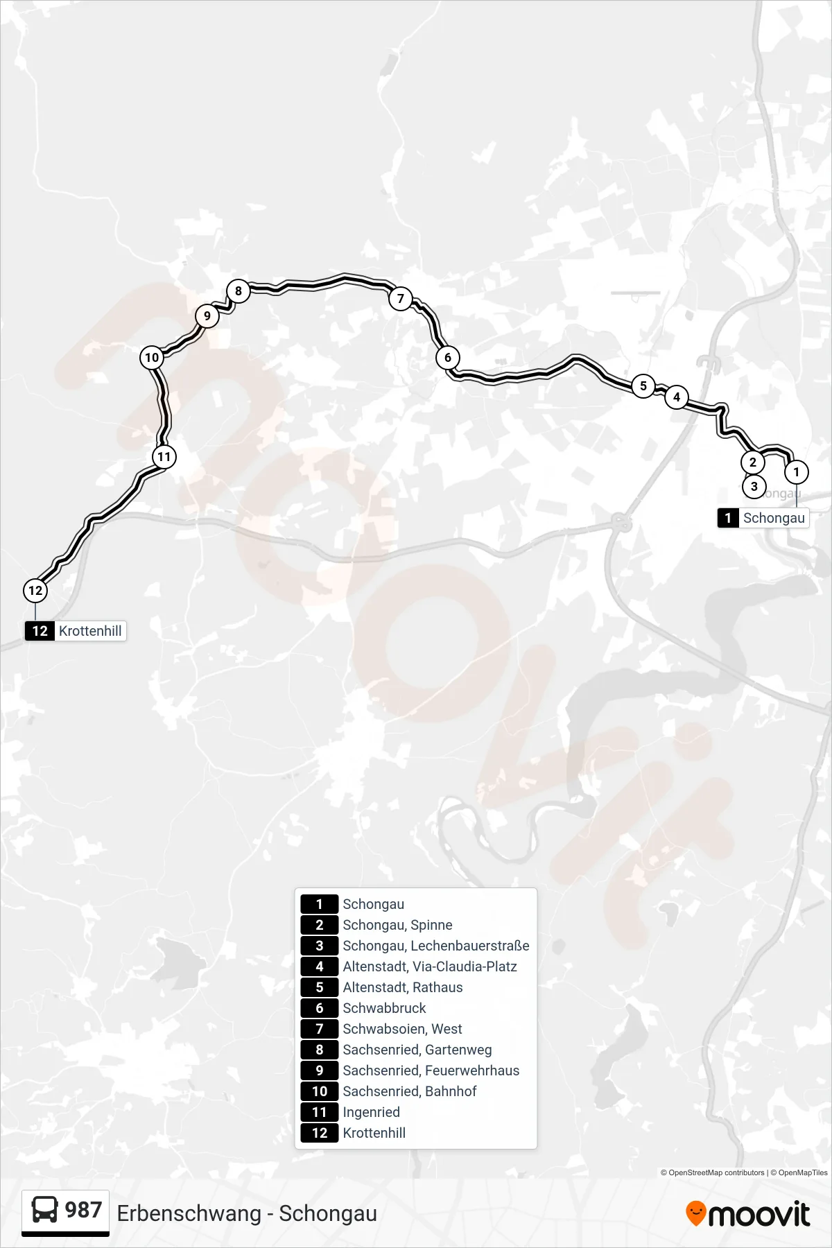 987 bus Line (Krottenhill) route and stops on a map