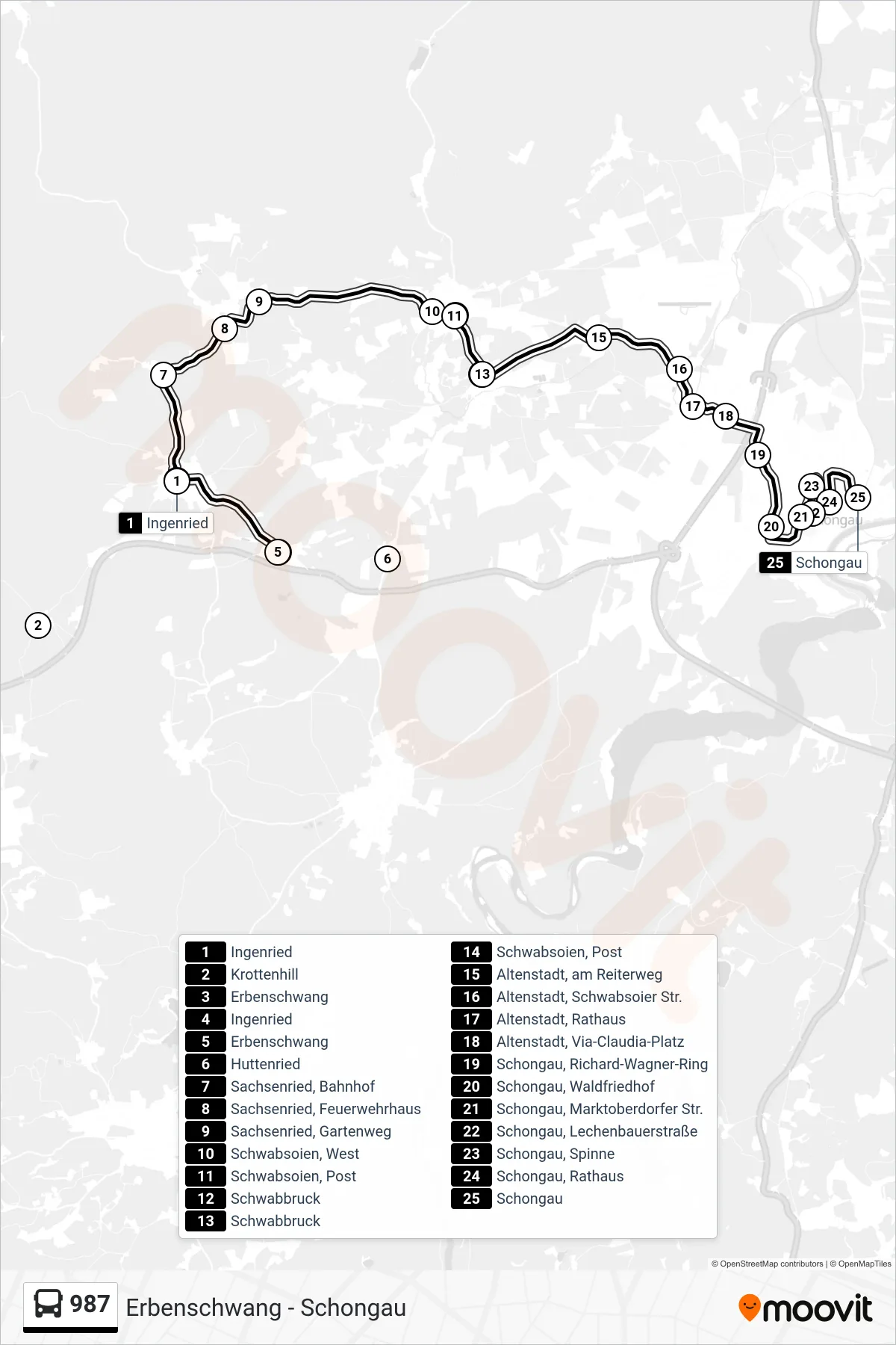 987 bus Line (Schongau) route and stops on a map