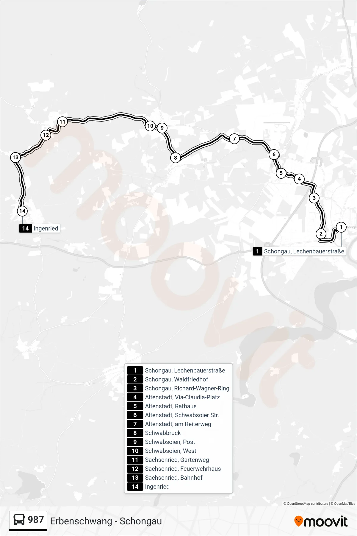Linie 987 (Bus) Richtung Ingenried: Route und Haltestellen auf der Karte