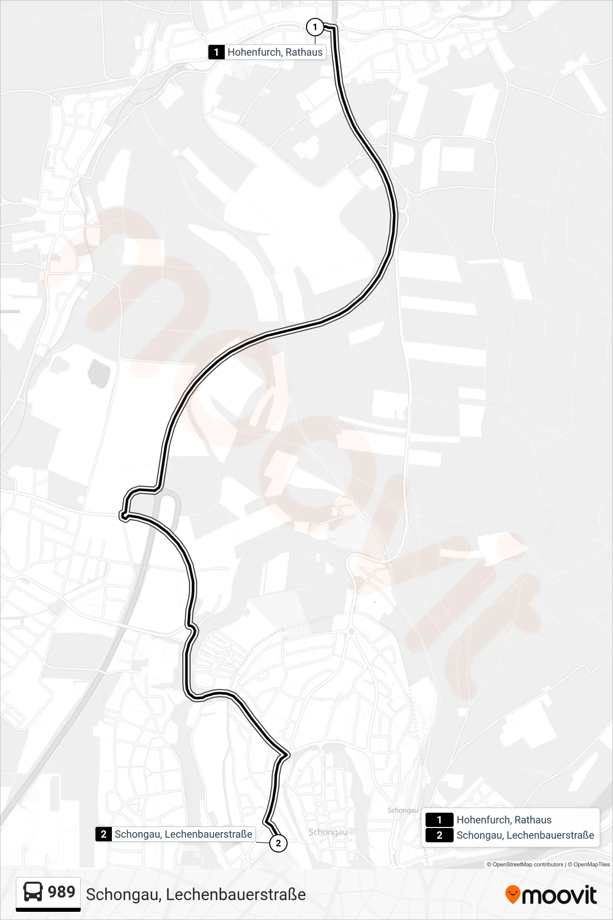 989 bus Line (Schongau, Lechenbauerstraße) route and stops on a map