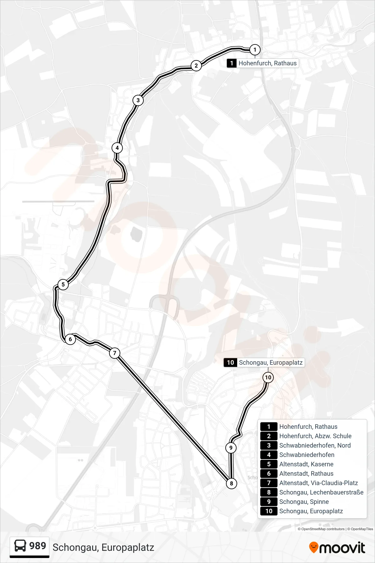 989 bus Line (Schongau, Europaplatz) route and stops on a map
