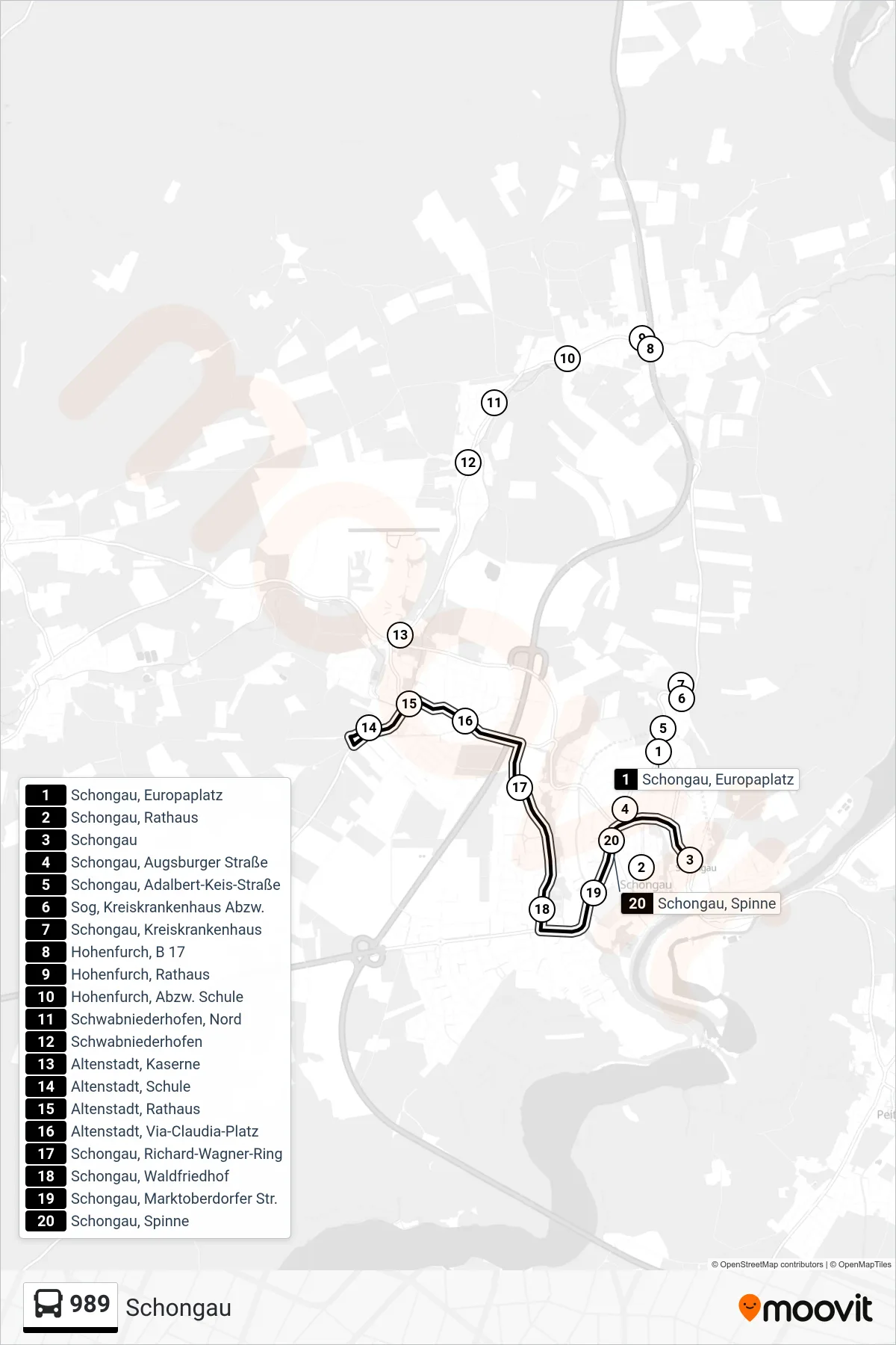 Linie 989 (Bus) Richtung Schongau: Route und Haltestellen auf der Karte