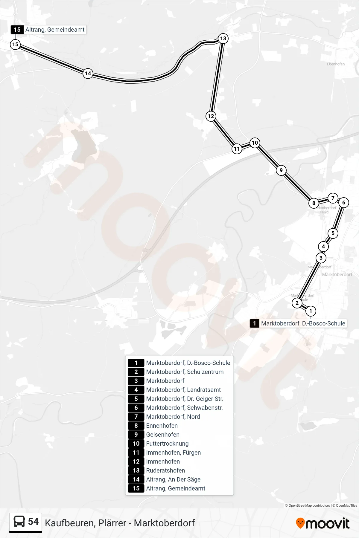 54 bus Line (Aitrang) route and stops on a map