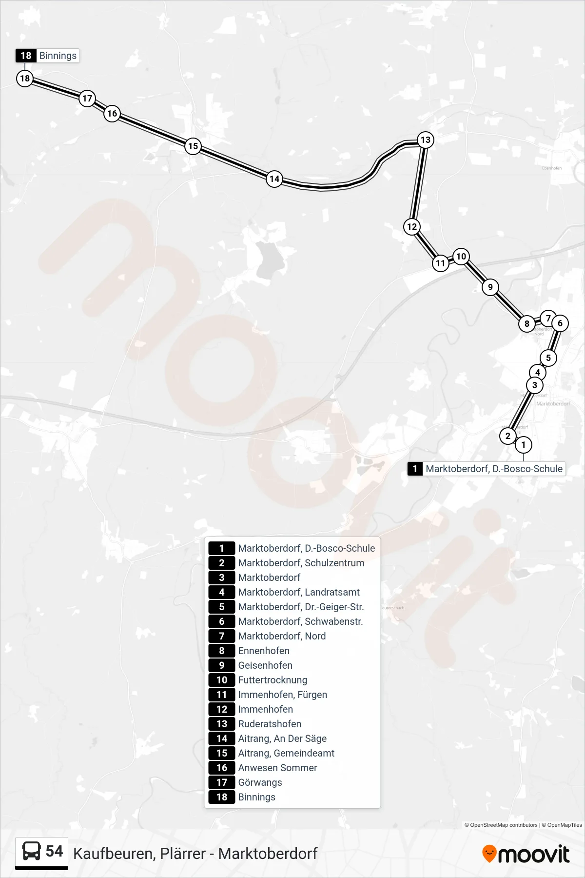 54 bus Line (Binnings) route and stops on a map