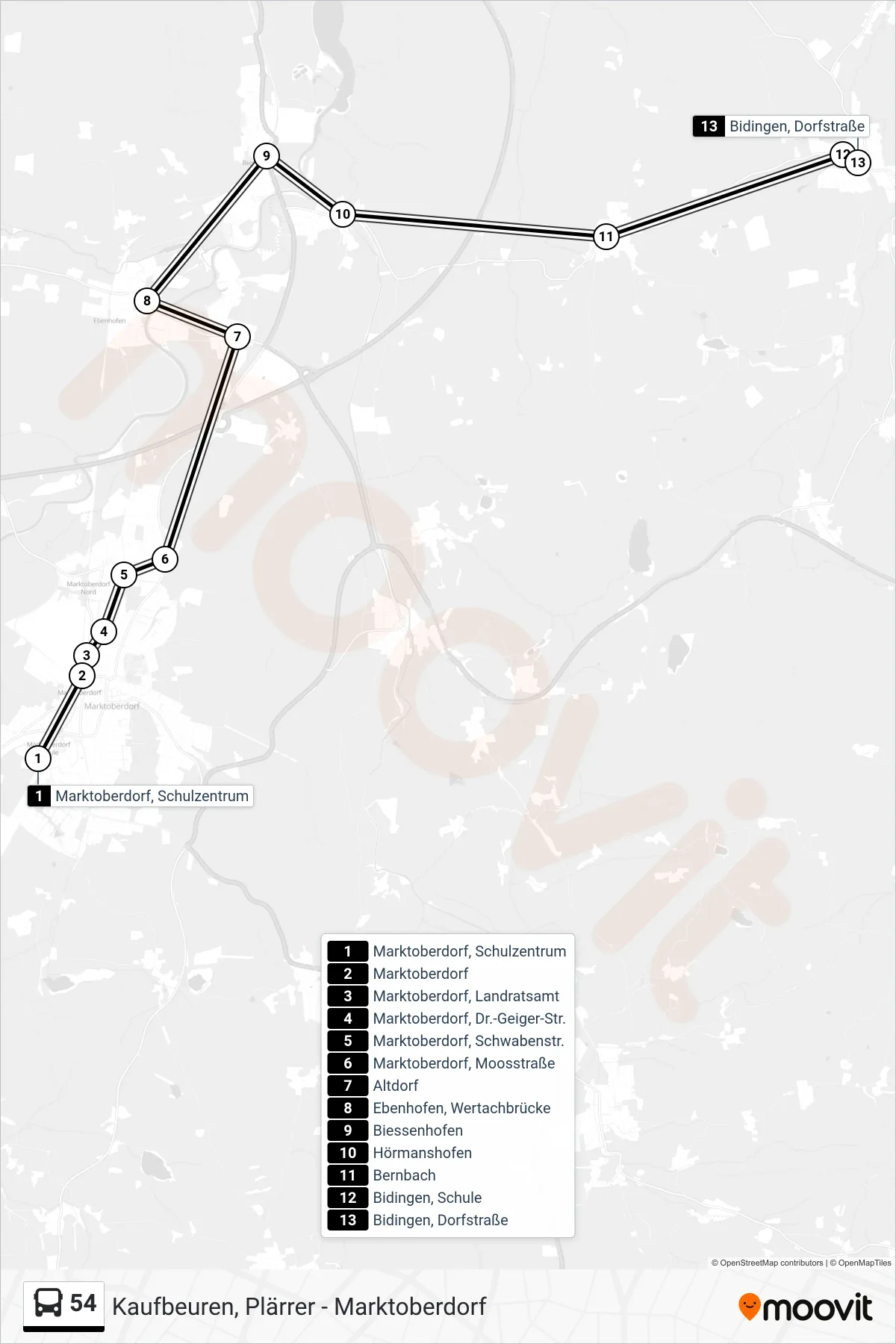 54 bus Line (Ob Über Bidingen) route and stops on a map