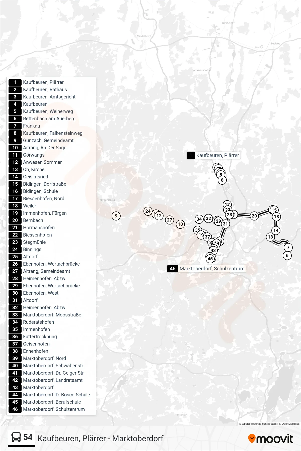 Linie 54 (Bus) Richtung Marktoberdorf: Route und Haltestellen auf der Karte