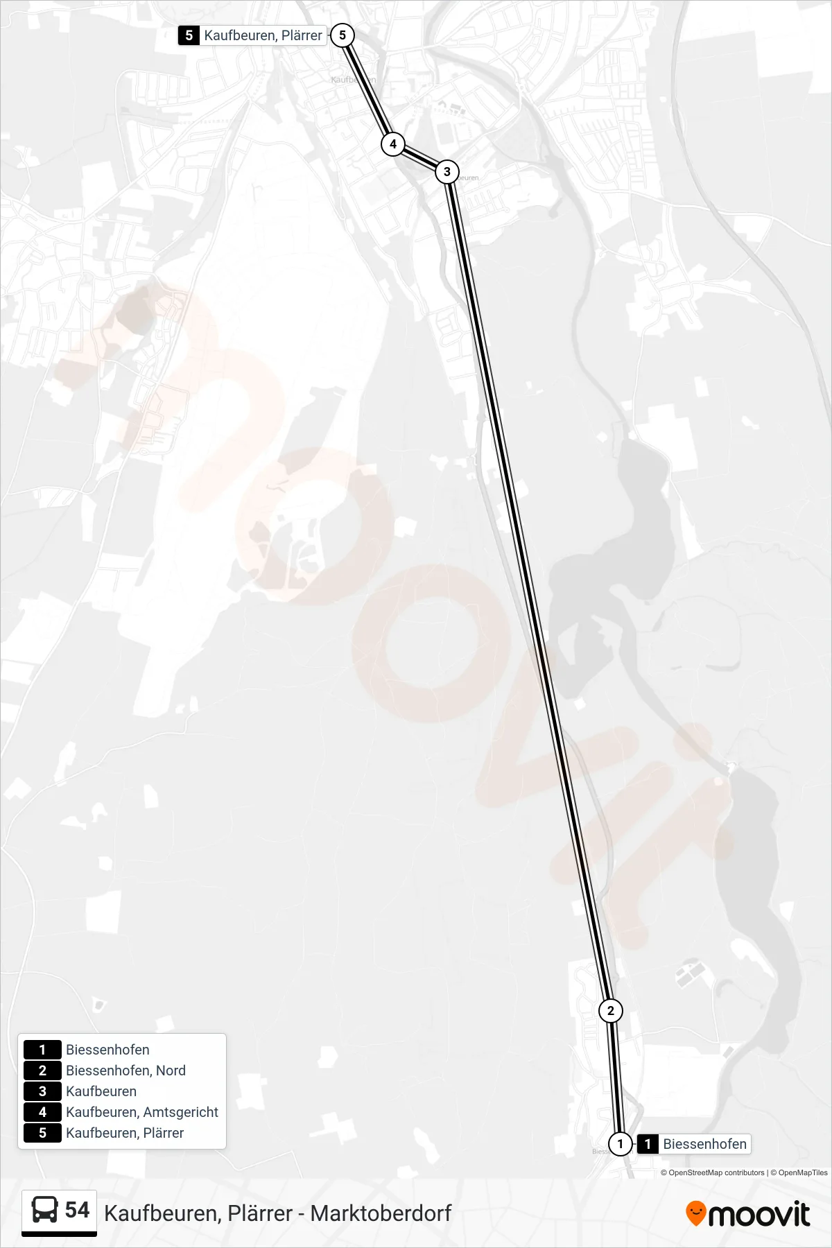 54 bus Line (Rückholz) route and stops on a map