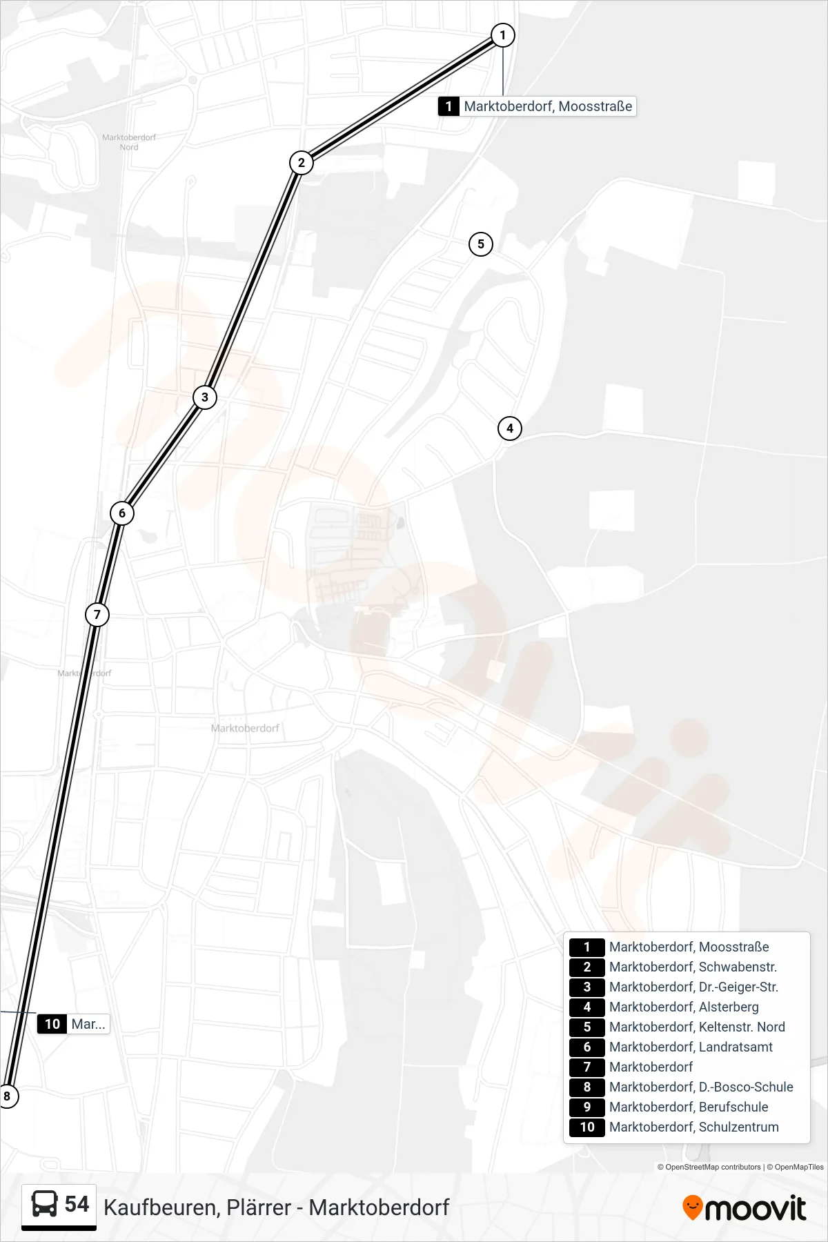 54 bus Line (Marktoberdorf, Schulzentrum) route and stops on a map