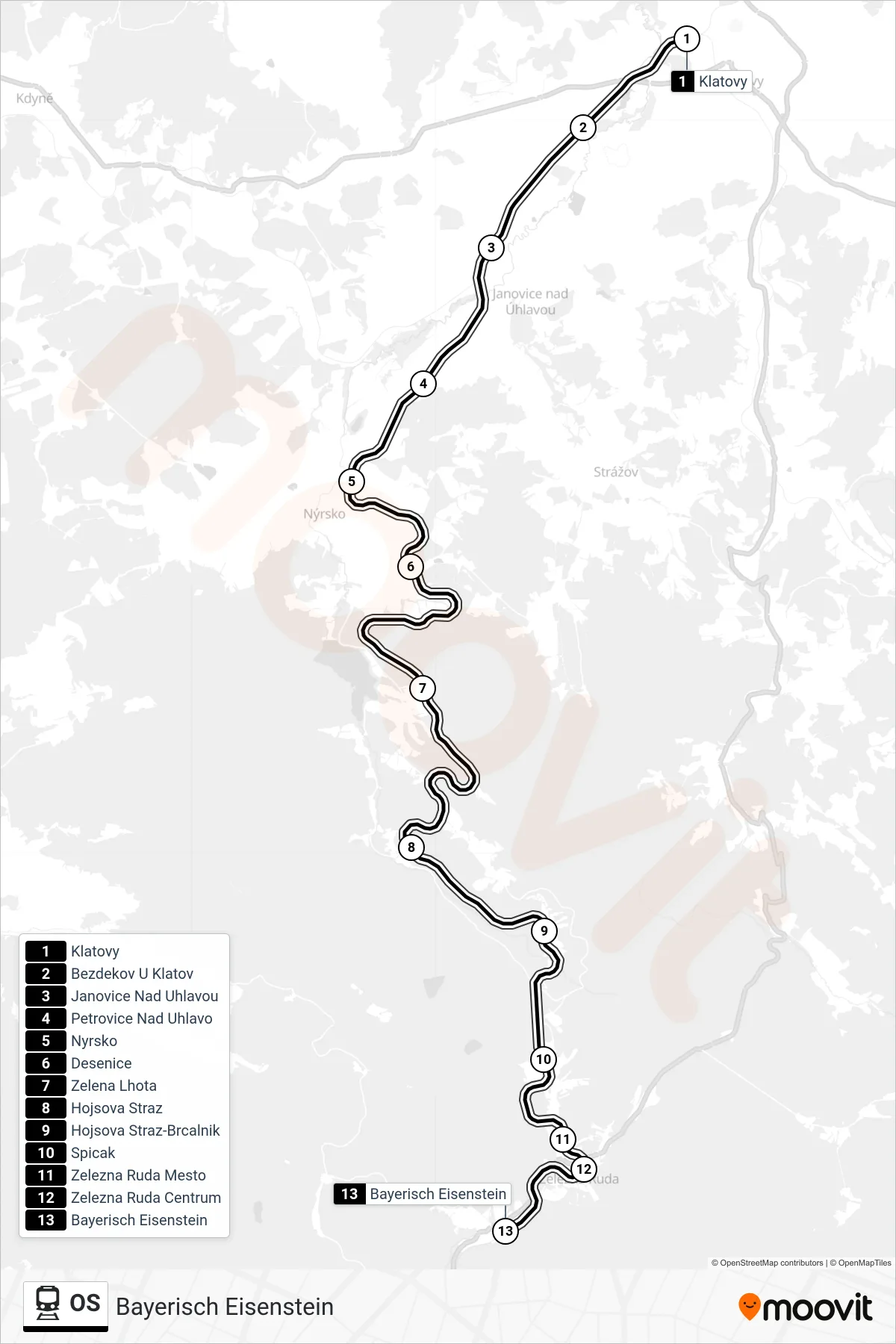 OS train Line (Bayerisch Eisenstein) route and stops on a map