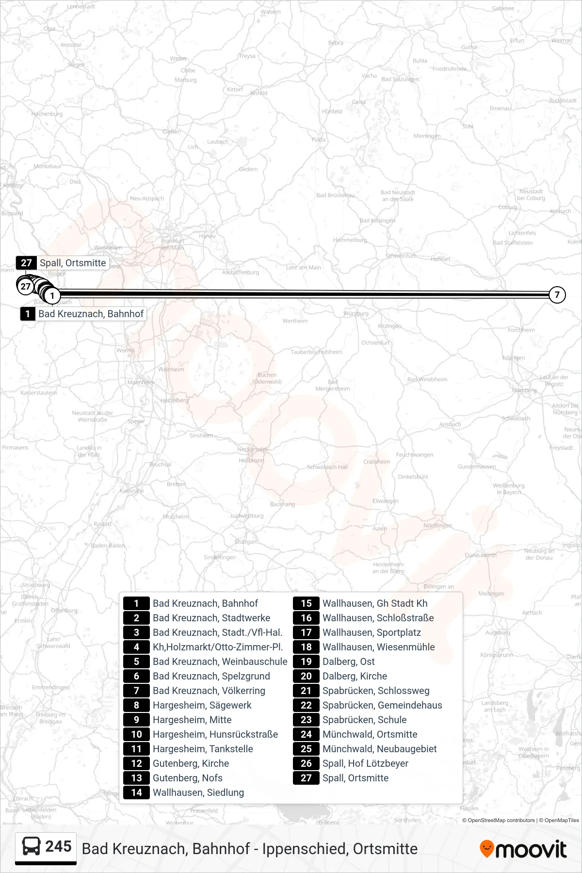 245 bus Line (Spall, Ortsmitte) route and stops on a map