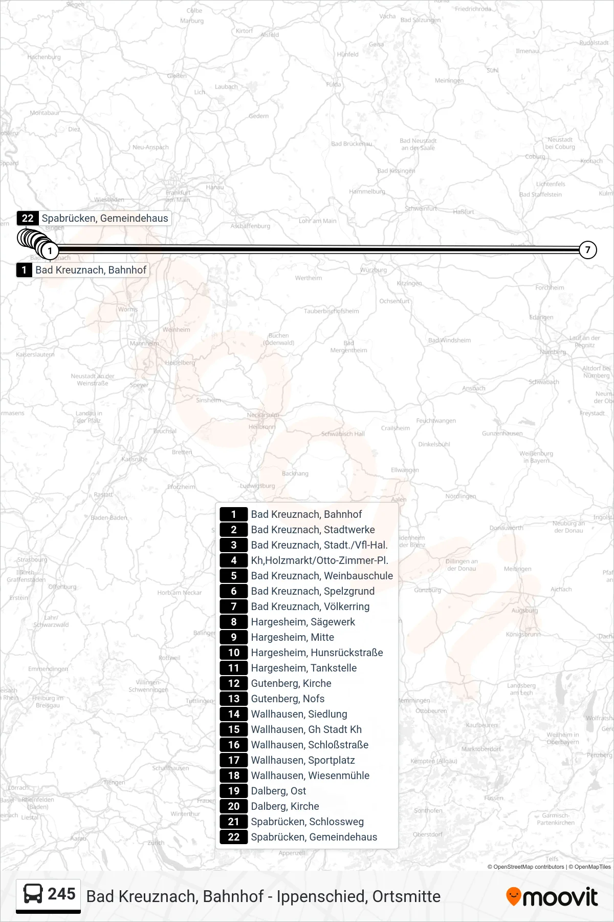 245 bus Line (Spabrücken, Gemeindehaus) route and stops on a map
