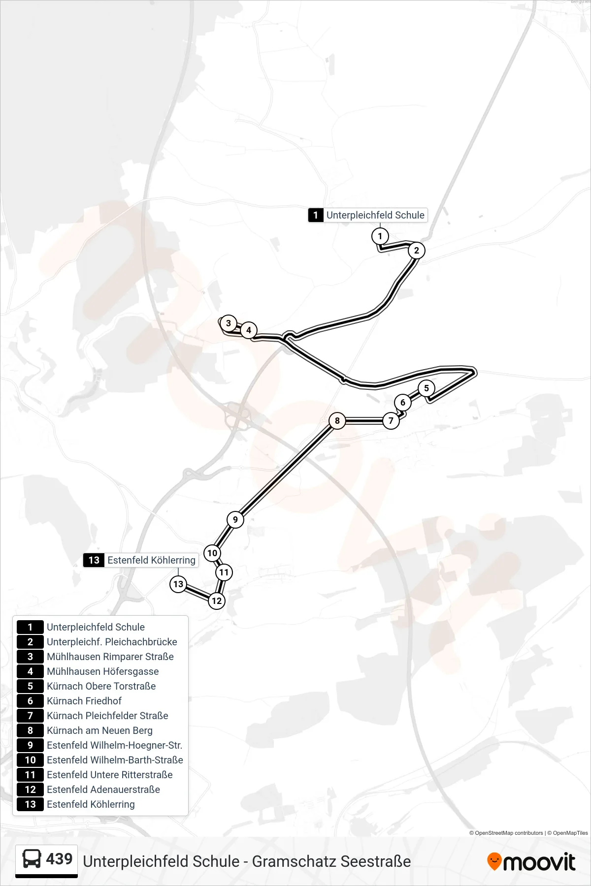 Linie 439 (Bus) Richtung Estenfeld Köhlerring: Route und Haltestellen auf der Karte