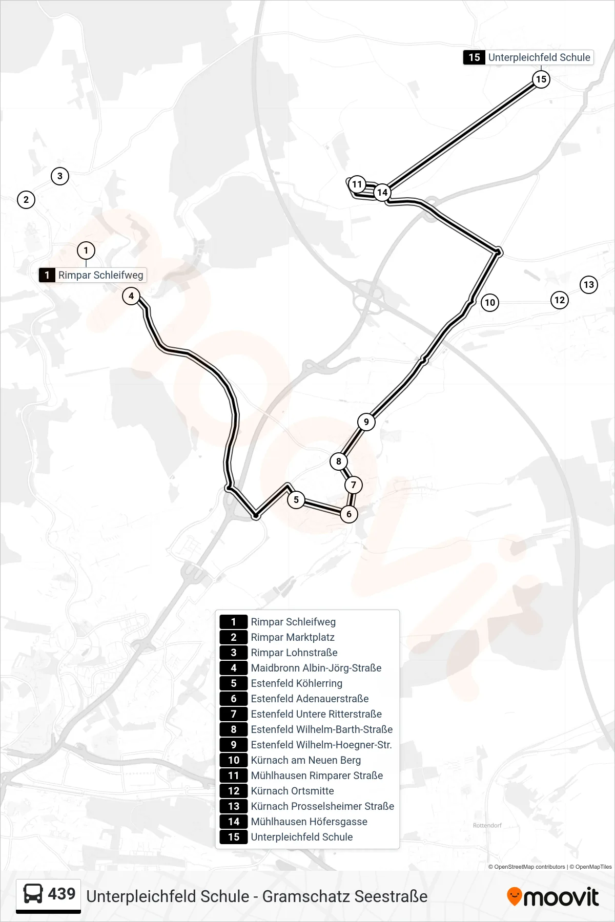439 bus Line (Unterpleichfeld Schule) route and stops on a map
