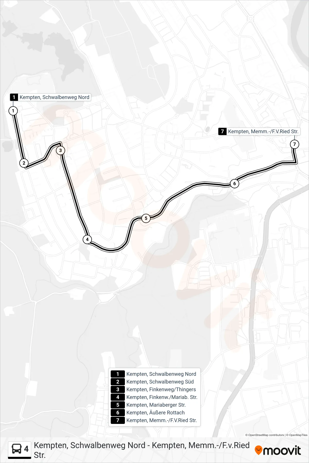 Linie 4 (Bus) Richtung Kempten, Memm.-/F.V.Ried Str.: Route und Haltestellen auf der Karte