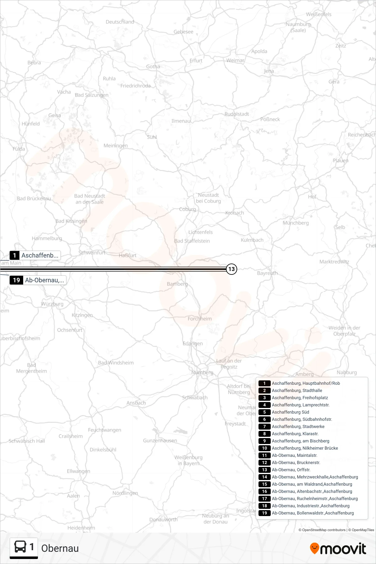 1 bus Line (Obernau) route and stops on a map
