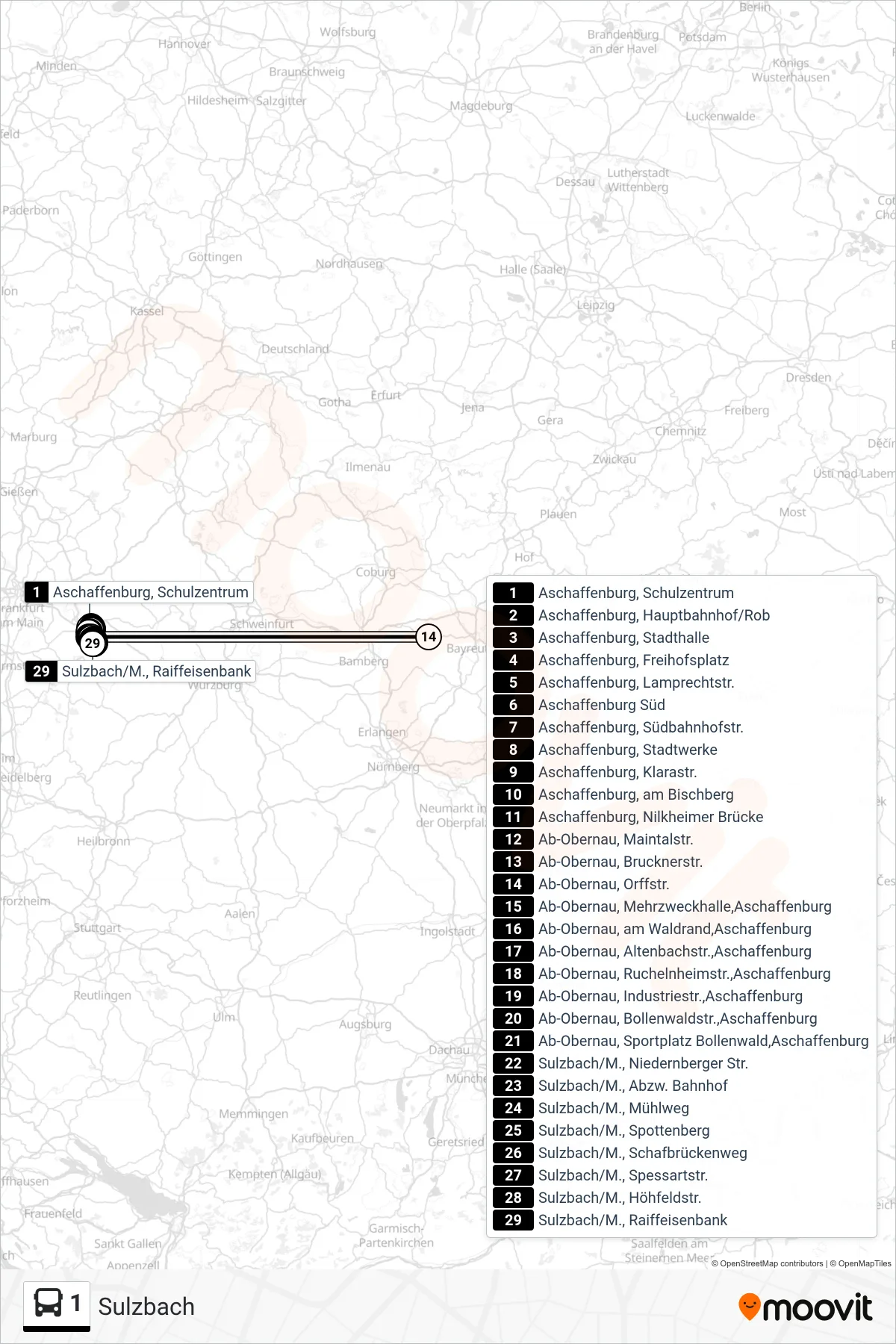 1 bus Line (Sulzbach) route and stops on a map