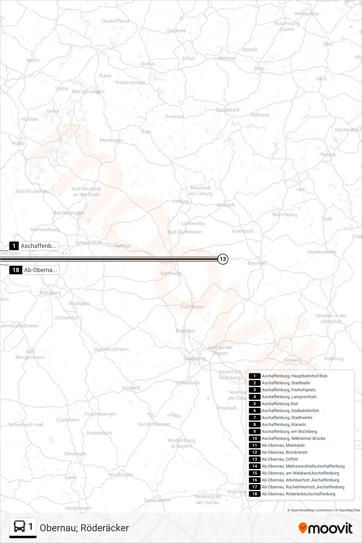1 bus Line (Obernau; Röderäcker) route and stops on a map