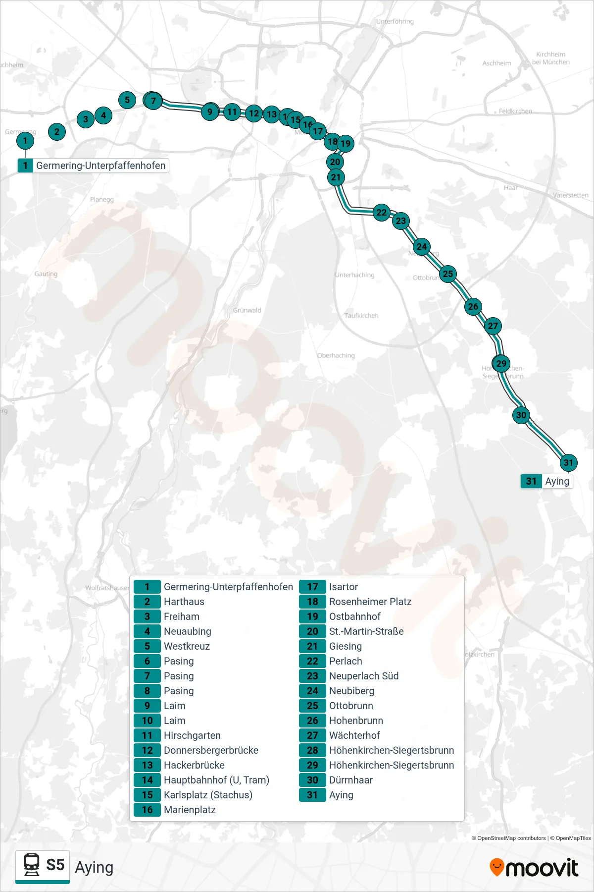 S5 train Line (Aying) route and stops on a map