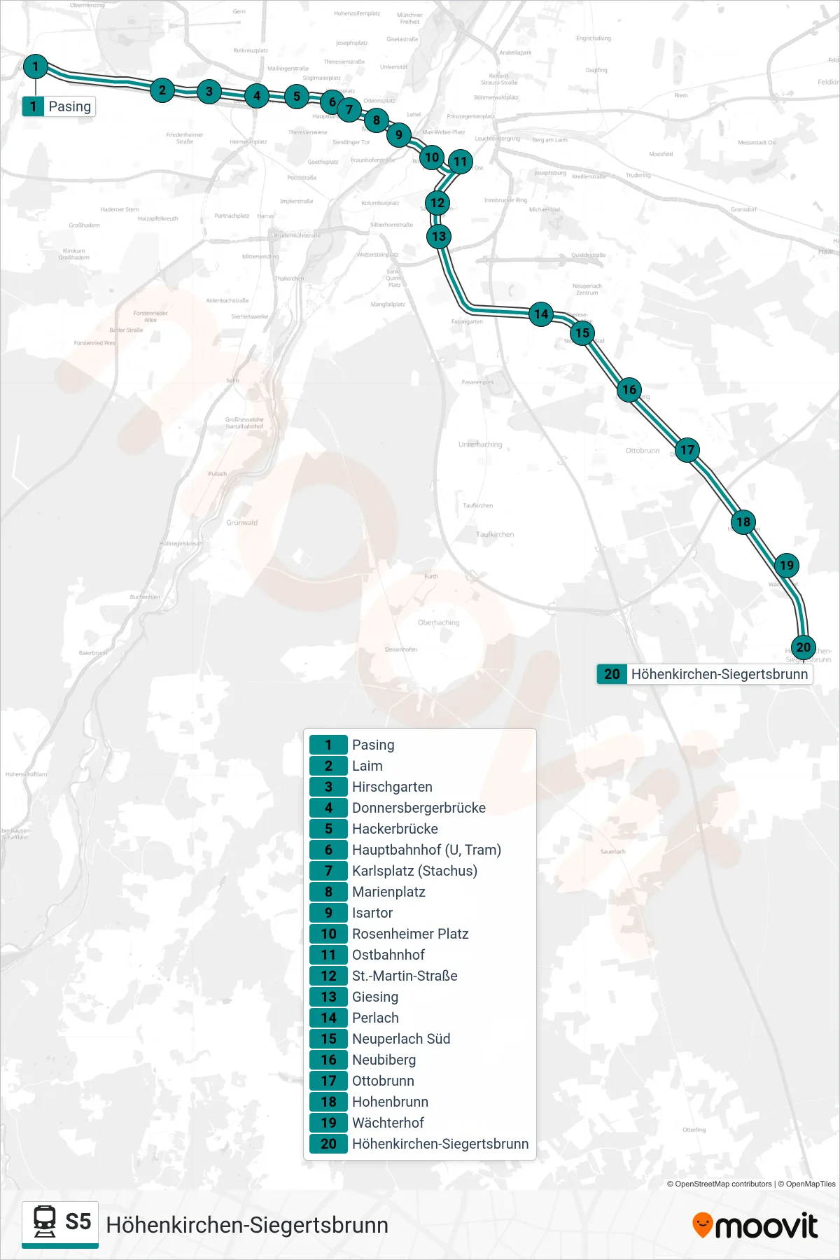 Linie S5 (Bahn) Richtung Höhenkirchen-Siegertsbrunn: Route und Haltestellen auf der Karte
