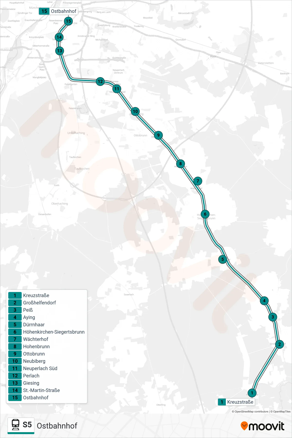 S5 rail Line (Ostbahnhof) route and stops on a map