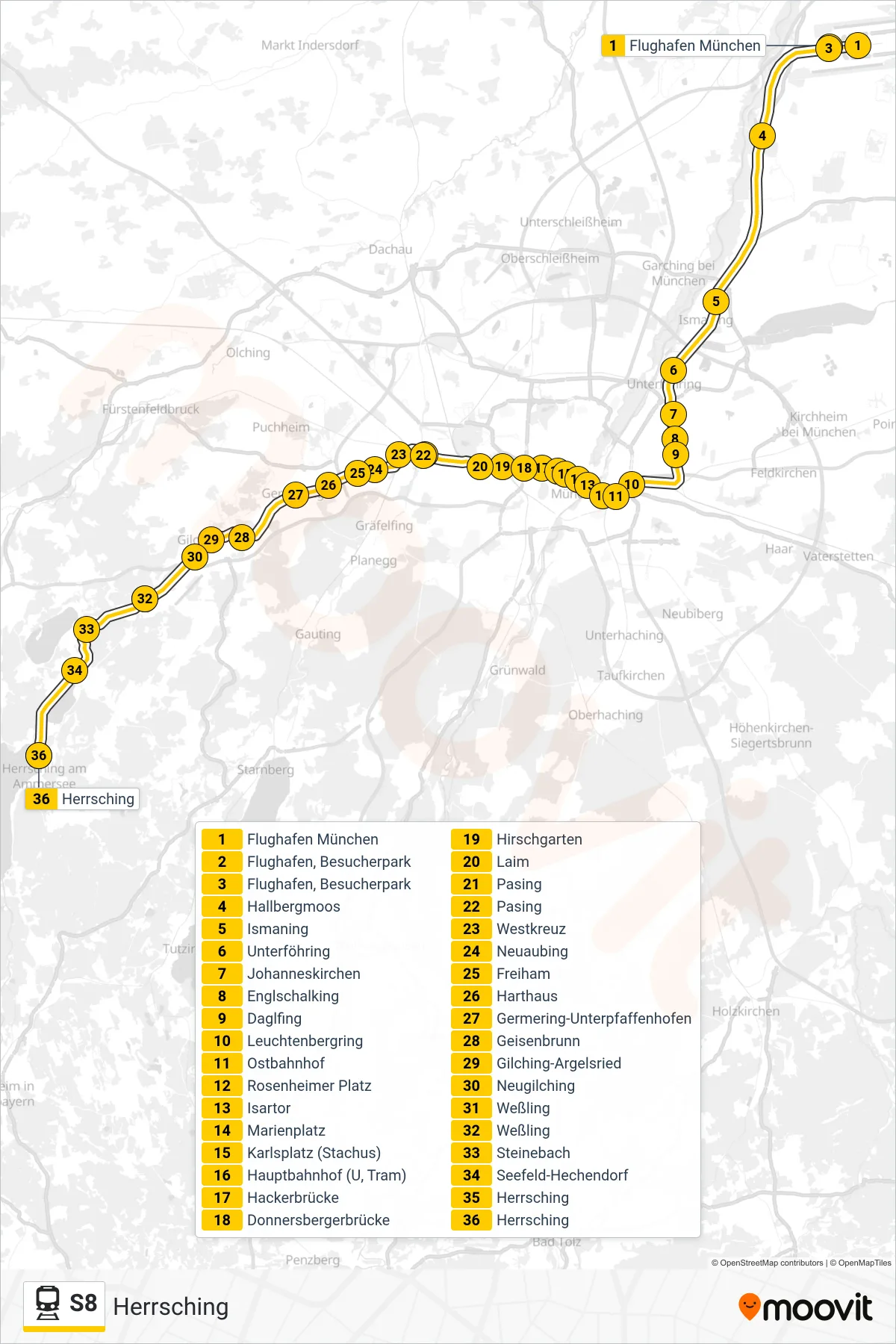 S8 train Line (Herrsching) route and stops on a map