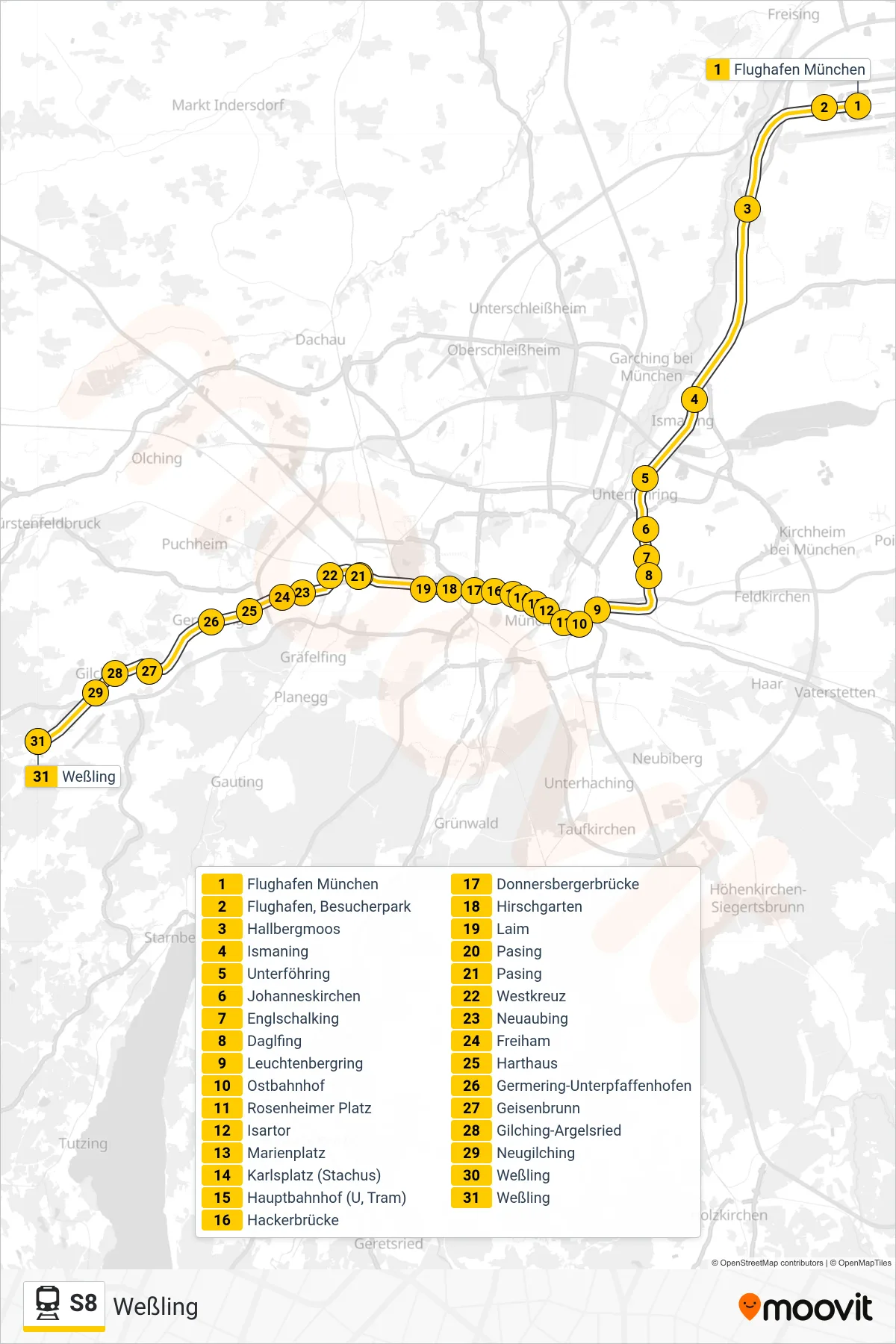 Linie S8 (Bahn) Richtung Weßling: Route und Haltestellen auf der Karte