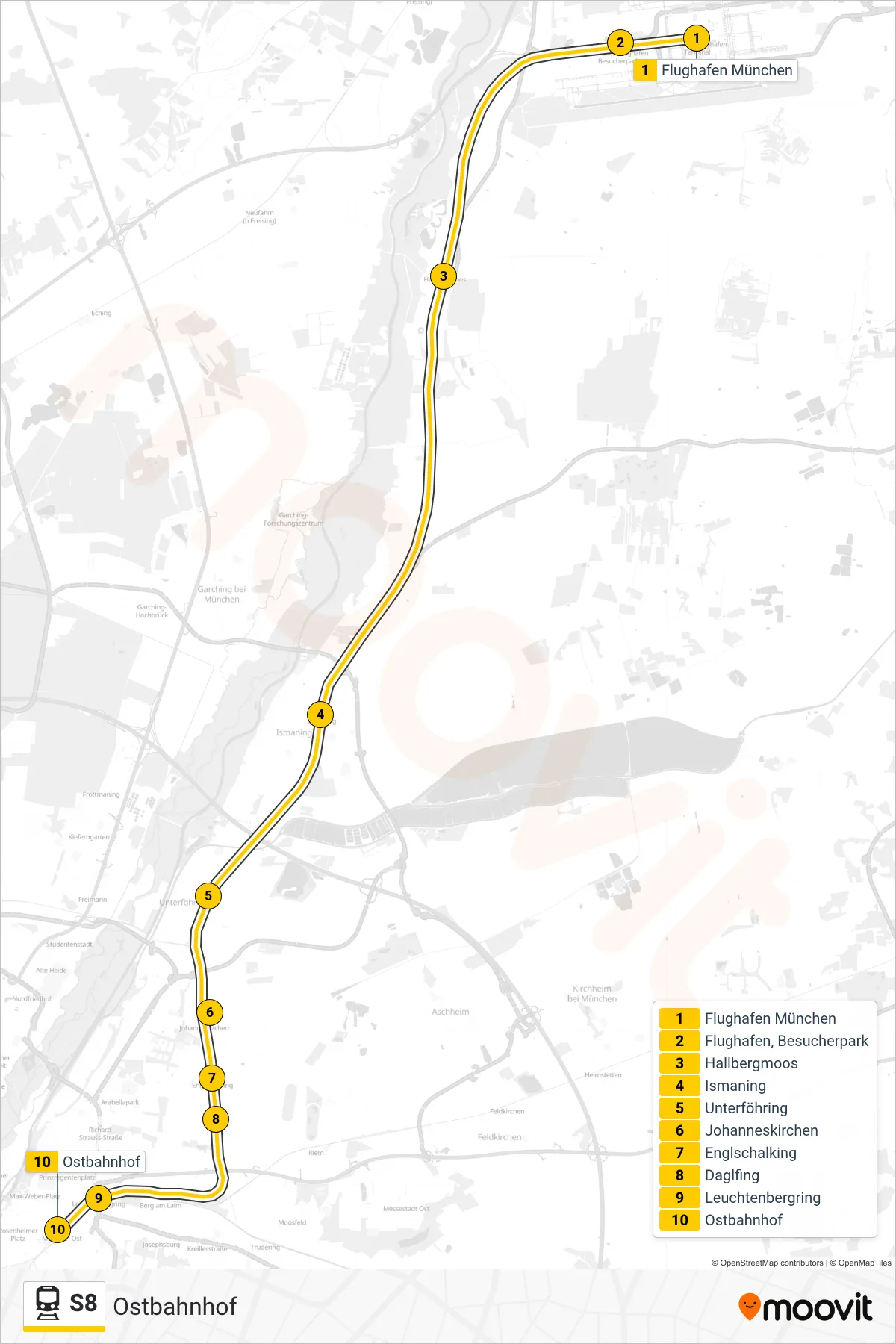 S8 train Line (Ostbahnhof) route and stops on a map