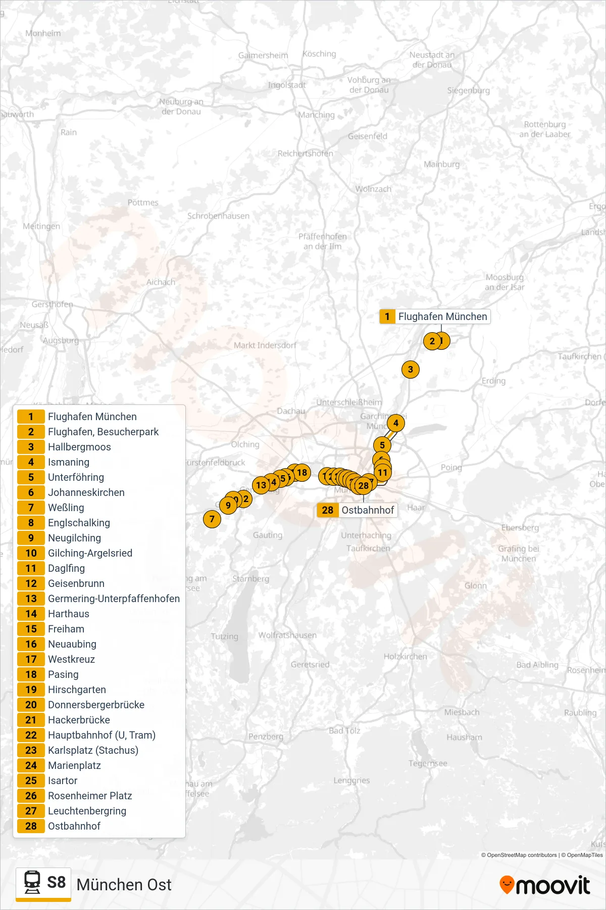 Linie S8 (Tram) Richtung München Ost: Route und Haltestellen auf der Karte
