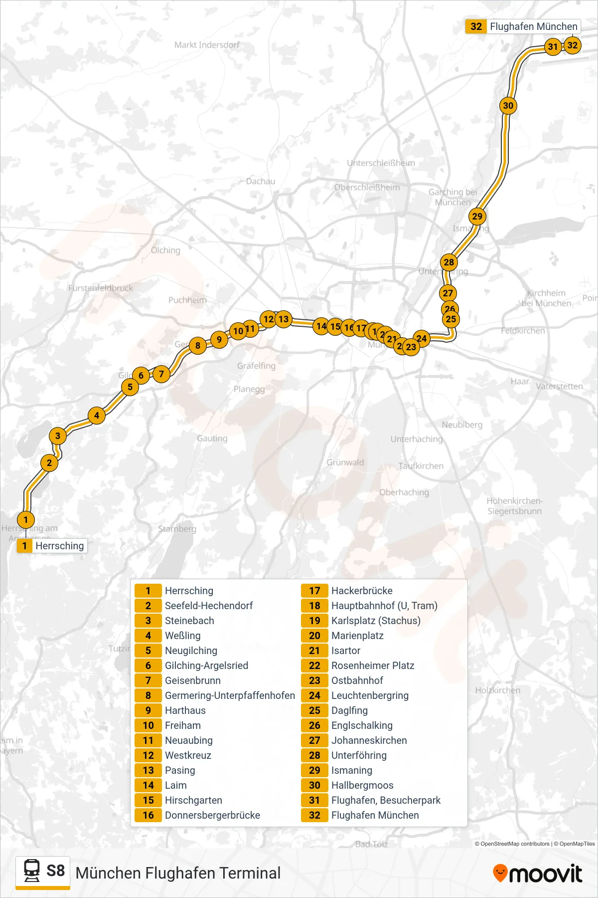 Linie S8 (Tram) Richtung München Flughafen Terminal: Route und Haltestellen auf der Karte