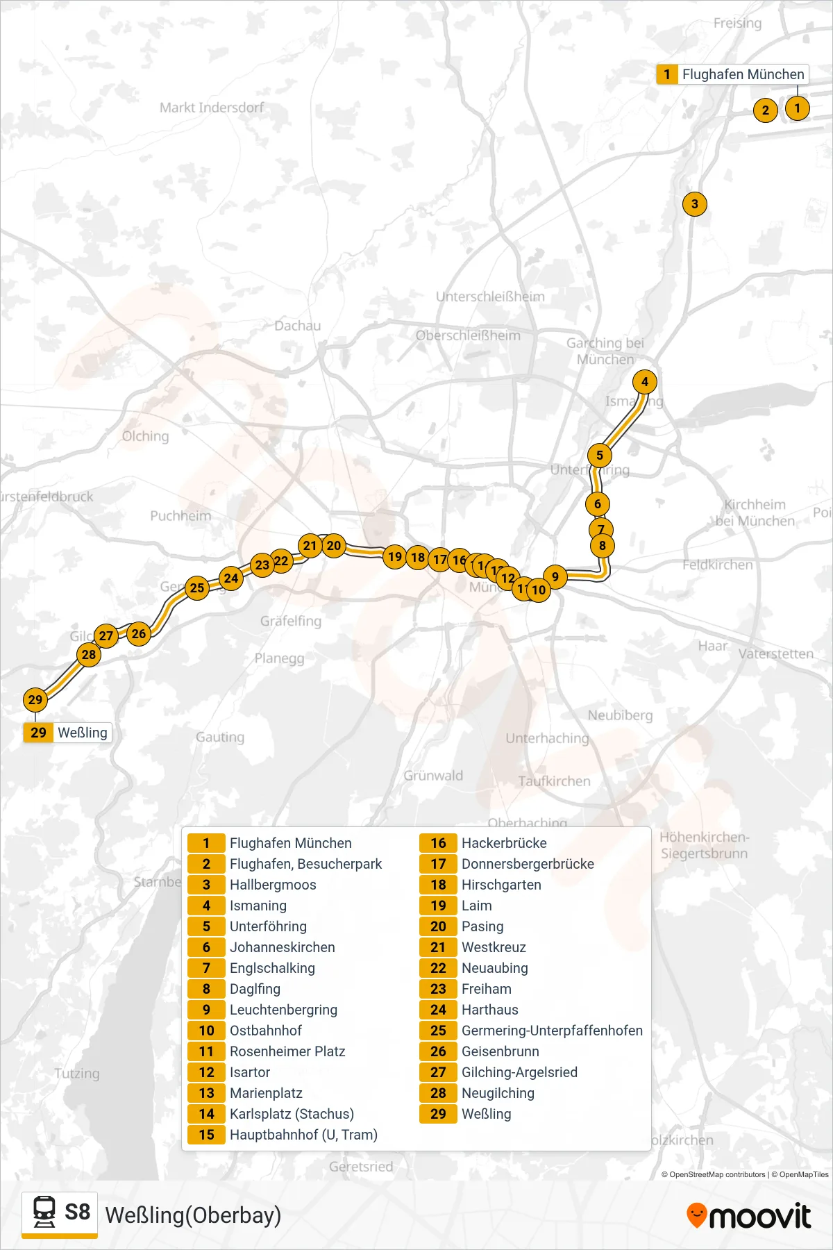 Linie S8 (Tram) Richtung Weßling(Oberbay): Route und Haltestellen auf der Karte