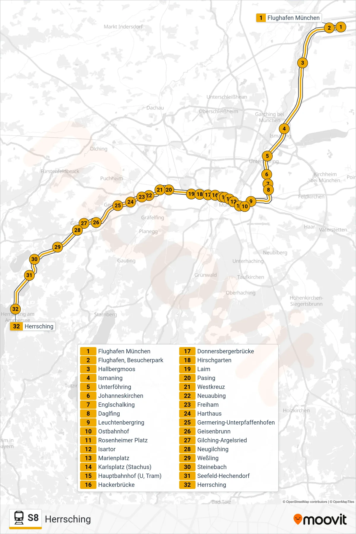 S8 tram Line (Herrsching) route and stops on a map