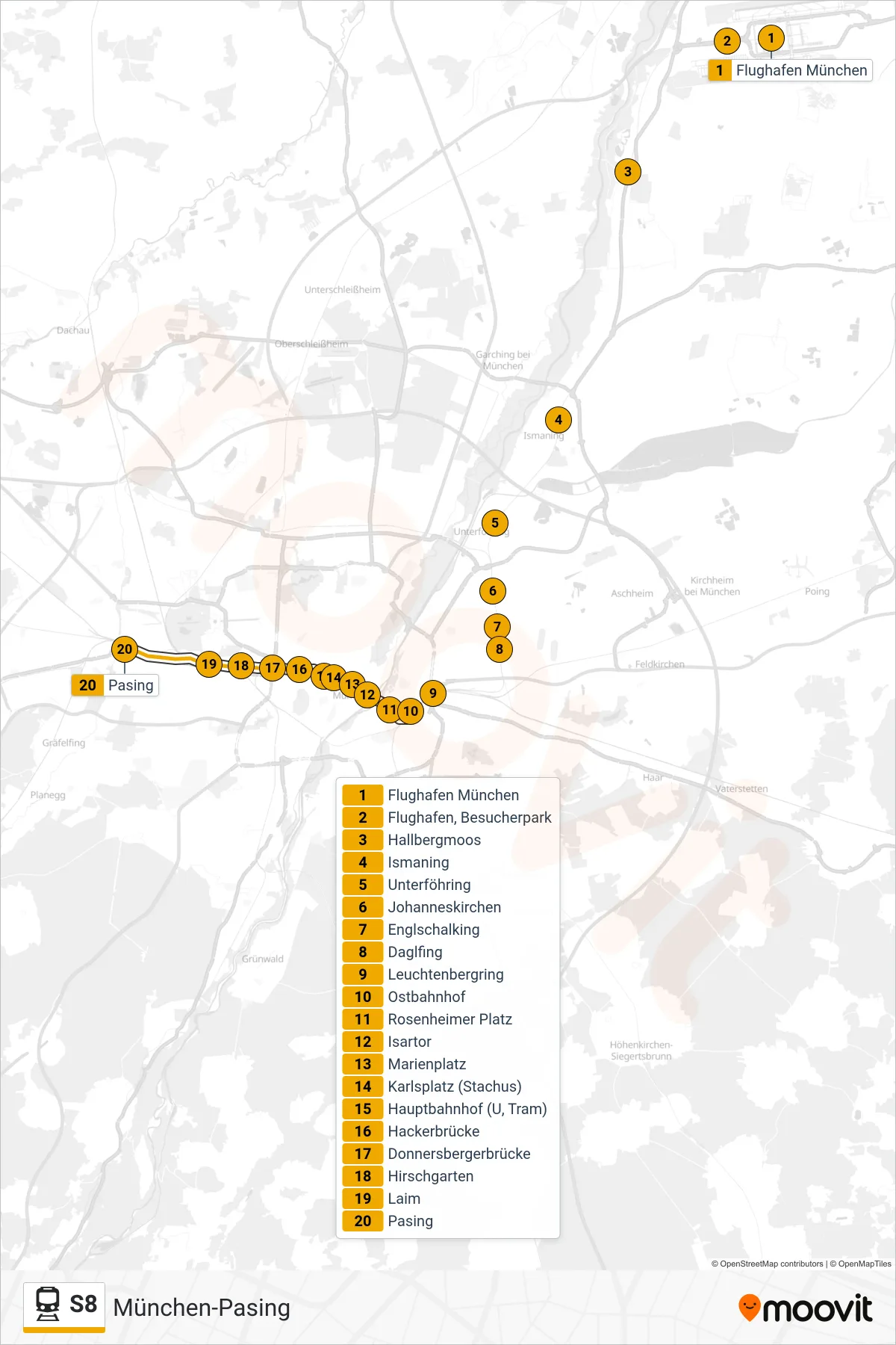 Linie S8 (Tram) Richtung München-Pasing: Route und Haltestellen auf der Karte