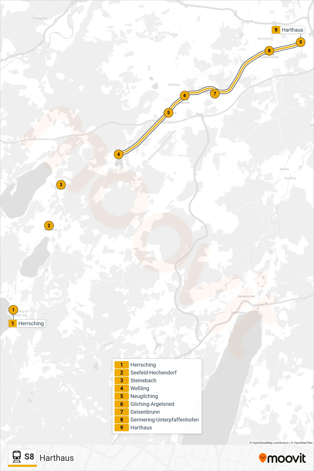 S8 tram Line (Harthaus) route and stops on a map
