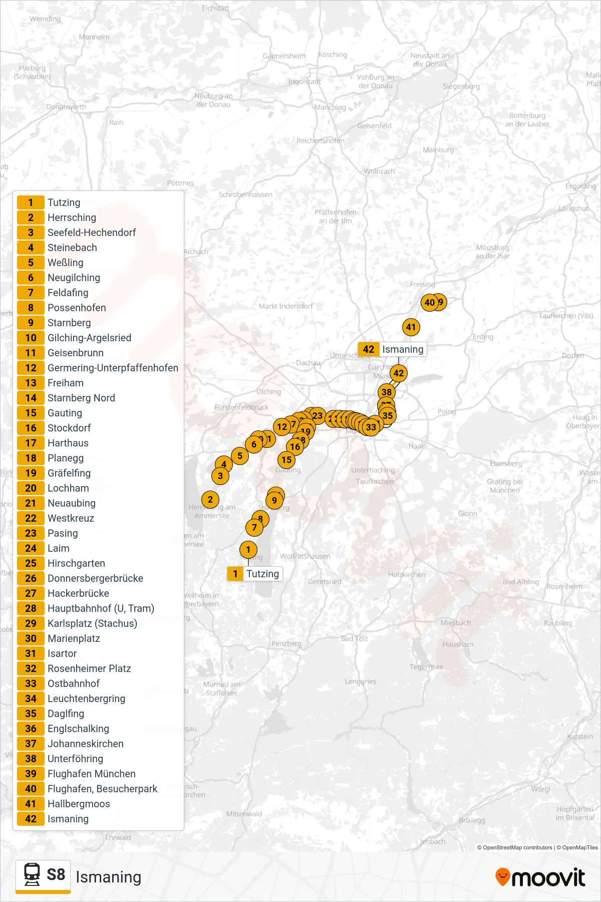Linie S8 (Tram) Richtung Ismaning: Route und Haltestellen auf der Karte