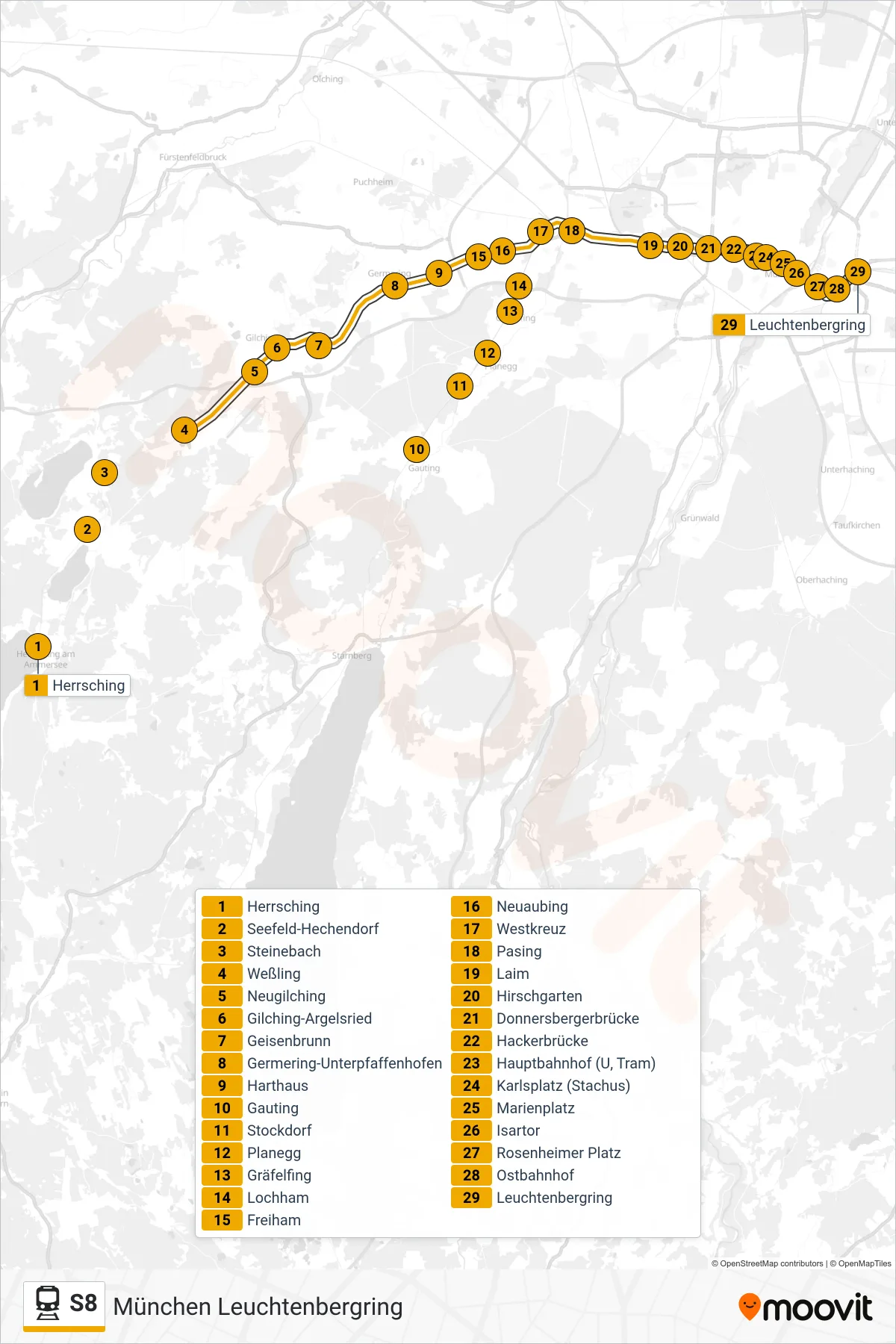 Linie S8 (Tram) Richtung München Leuchtenbergring: Route und Haltestellen auf der Karte