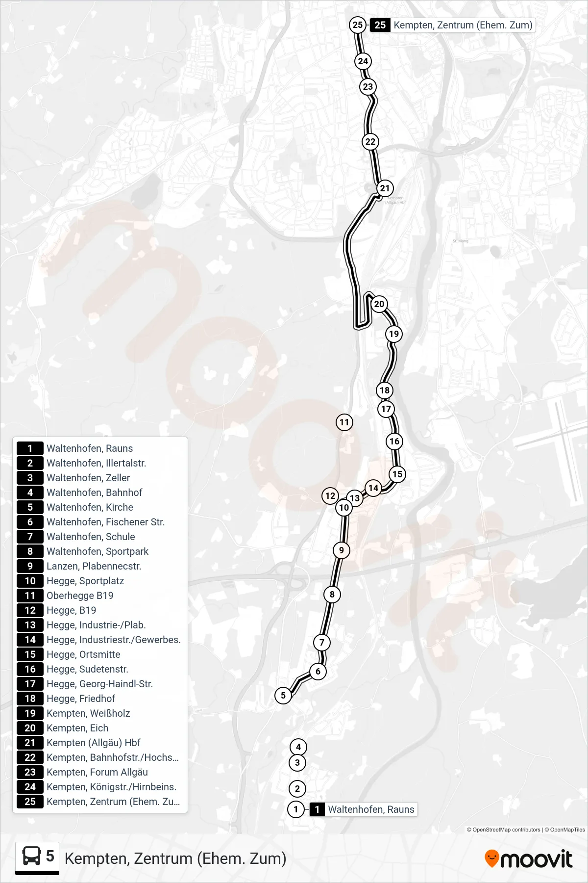 Linie 5 (Bus) Richtung Kempten, Zentrum (Ehem. Zum): Route und Haltestellen auf der Karte