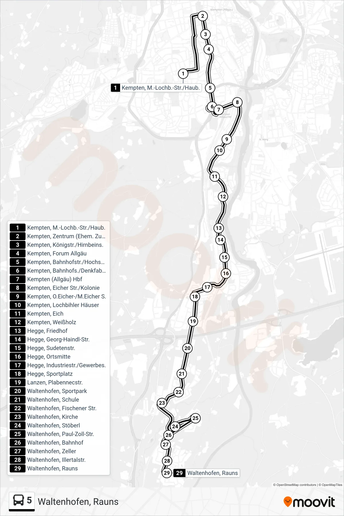 Linie 5 (Bus) Richtung Waltenhofen, Rauns: Route und Haltestellen auf der Karte