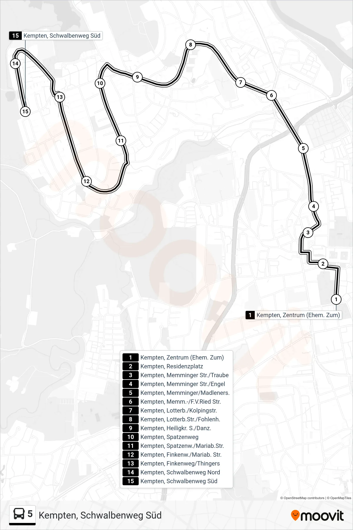 5 bus Line (Kempten, Schwalbenweg Süd) route and stops on a map
