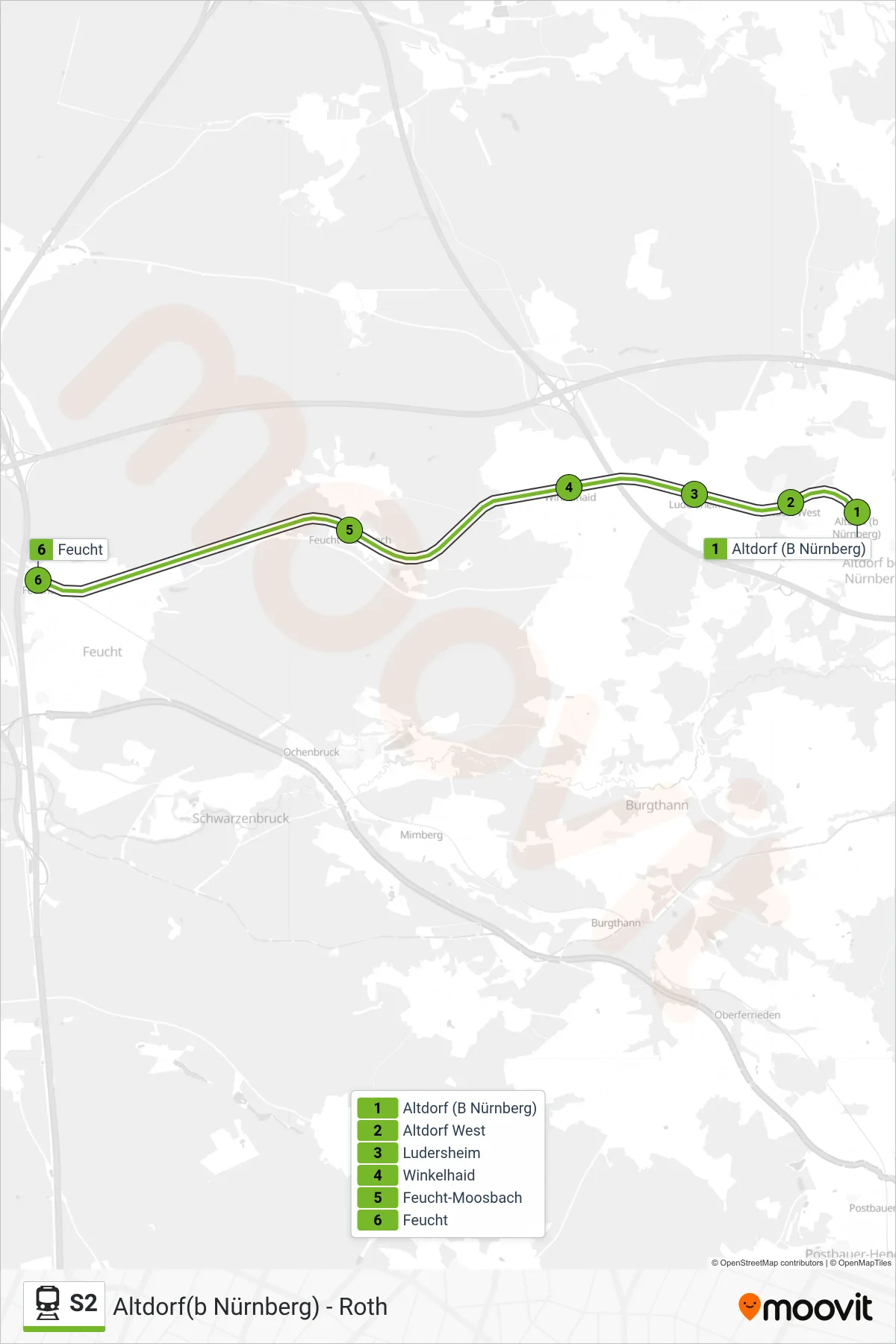 S2 tram Line (Feucht) route and stops on a map