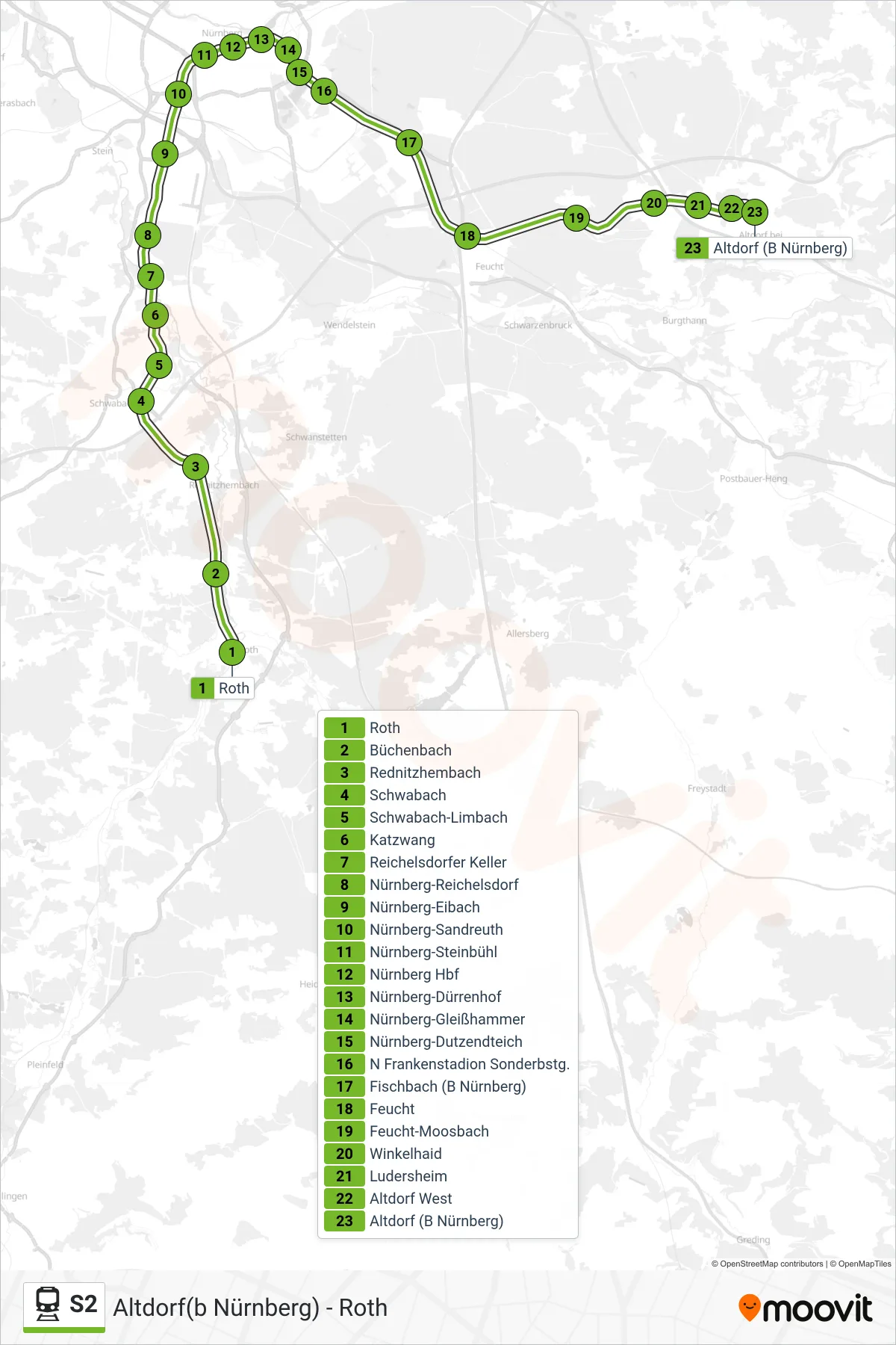 Linie S2 (Tram) Richtung Altdorf(B Nürnberg): Route und Haltestellen auf der Karte