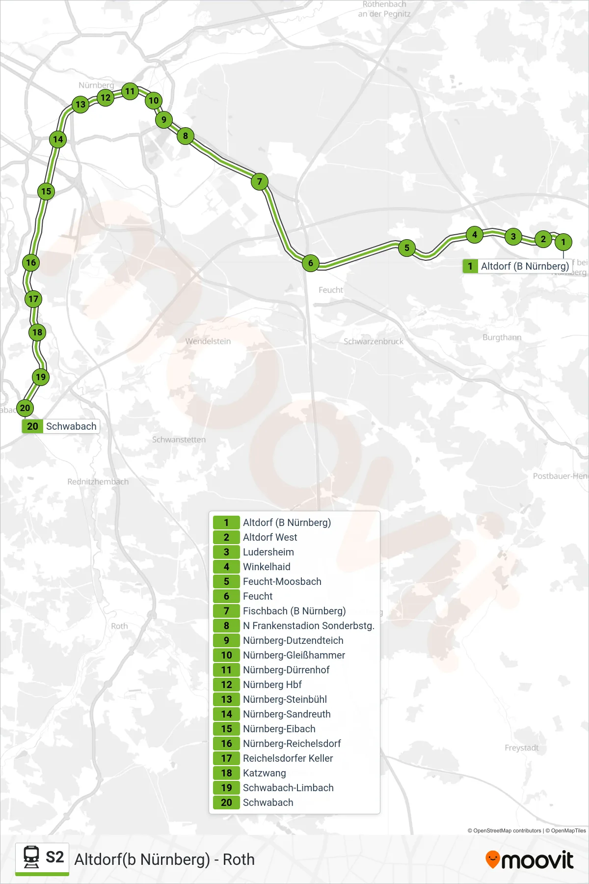 Linie S2 (Tram) Richtung Schwabach: Route und Haltestellen auf der Karte