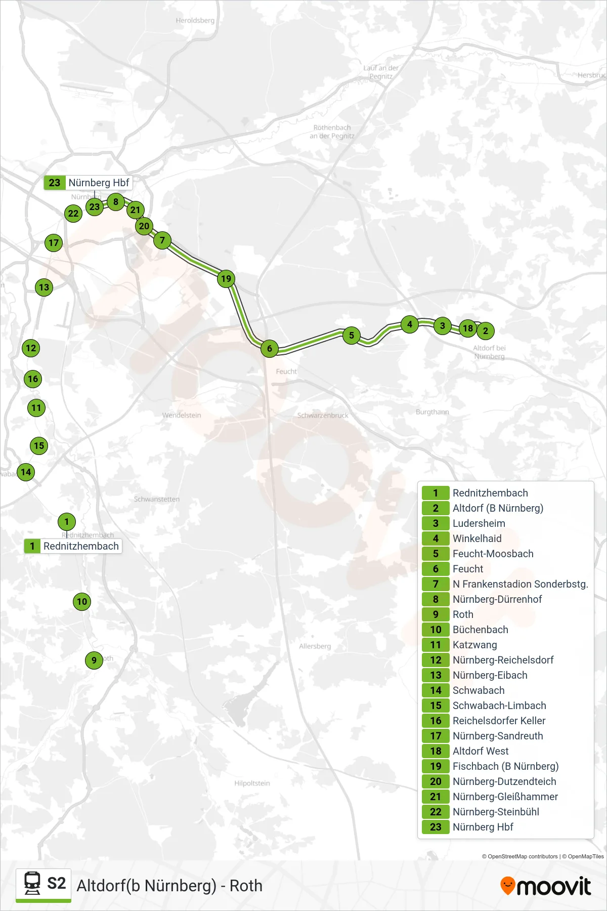 Linie S2 (Tram) Richtung Nürnberg Hbf: Route und Haltestellen auf der Karte
