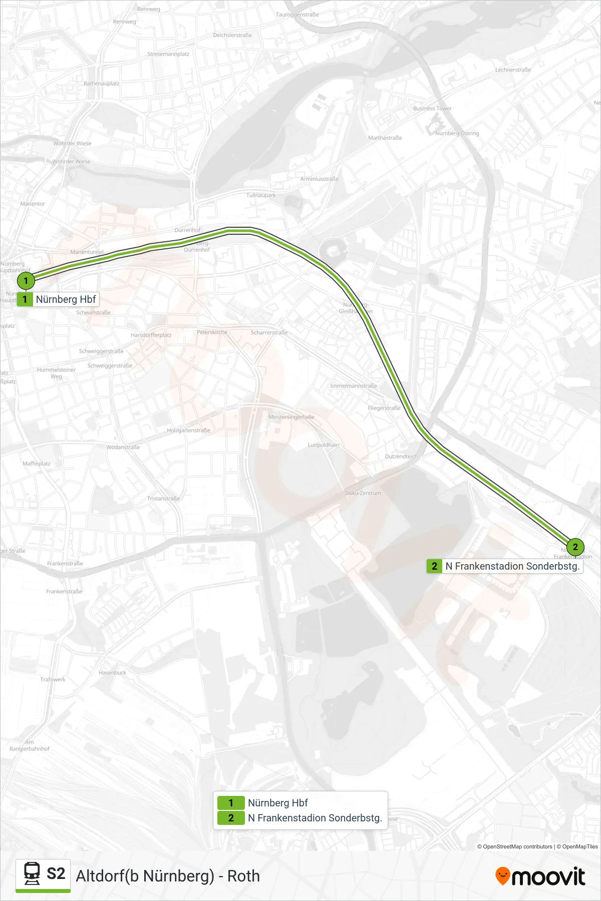 Linie S2 (Tram) Richtung Nürnberg Frankenstadion: Route und Haltestellen auf der Karte