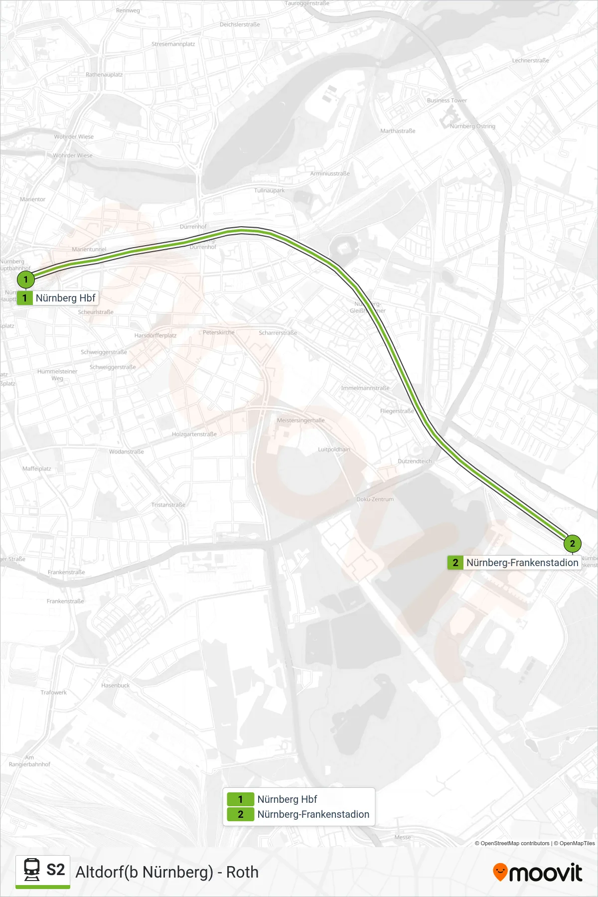 Linie S2 (Tram) Richtung Nürnberg Frankenstadion Sonderbahnsteig: Route und Haltestellen auf der Karte