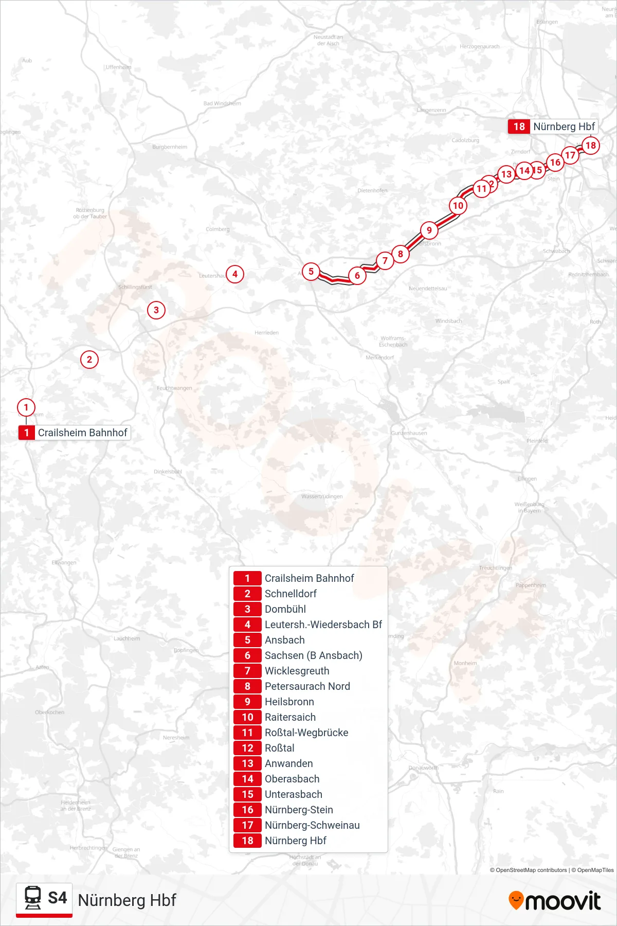 Linie S4 (Tram) Richtung Nürnberg Hbf: Route und Haltestellen auf der Karte