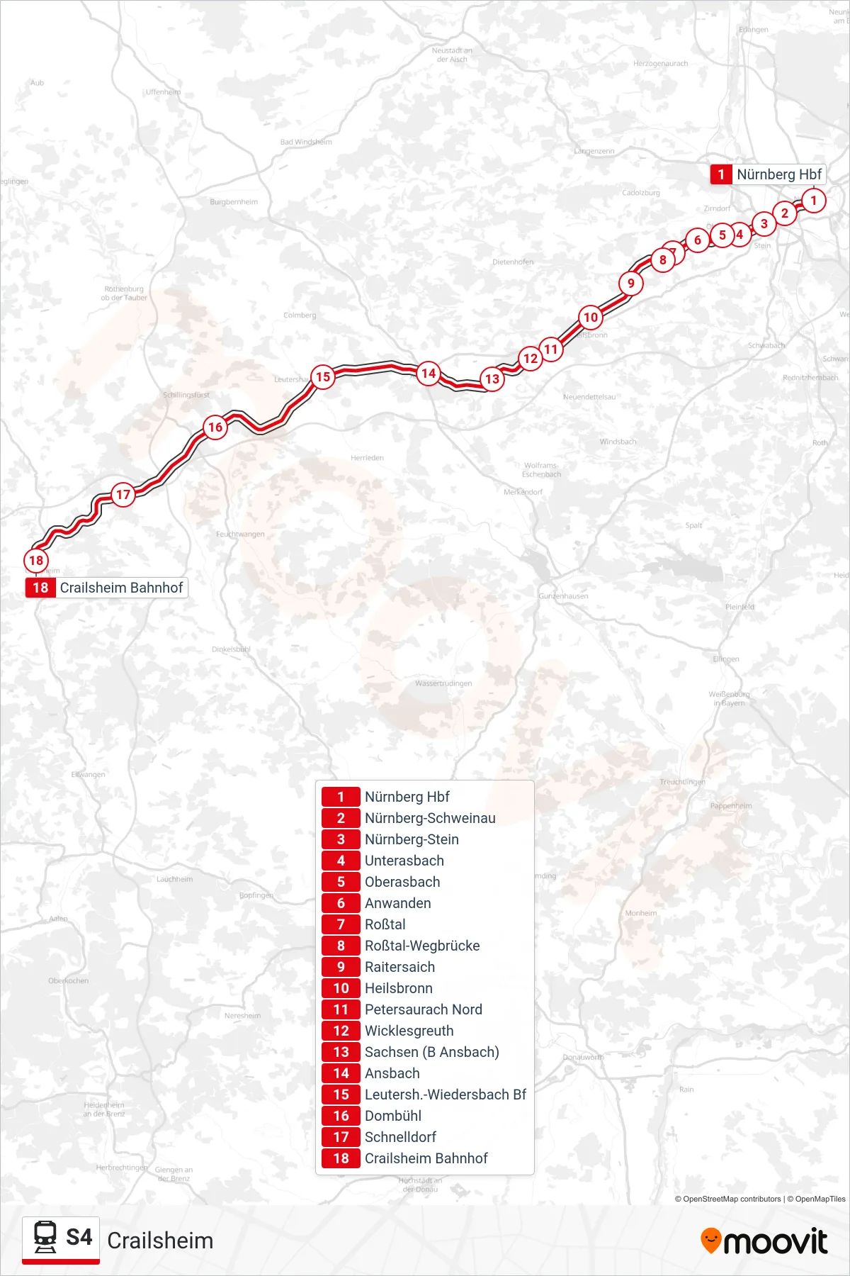 S4 tram Line (Crailsheim) route and stops on a map