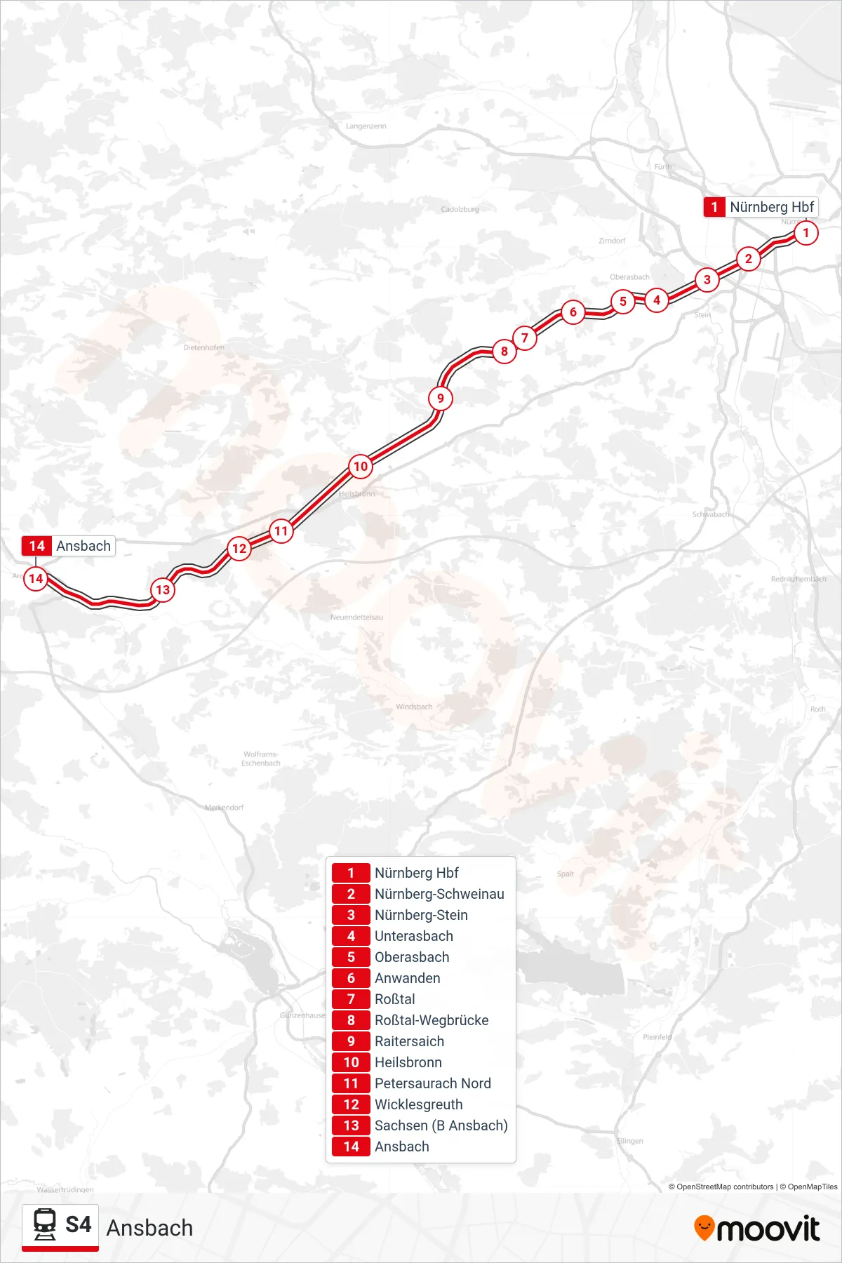 Linie S4 (Tram) Richtung Ansbach: Route und Haltestellen auf der Karte