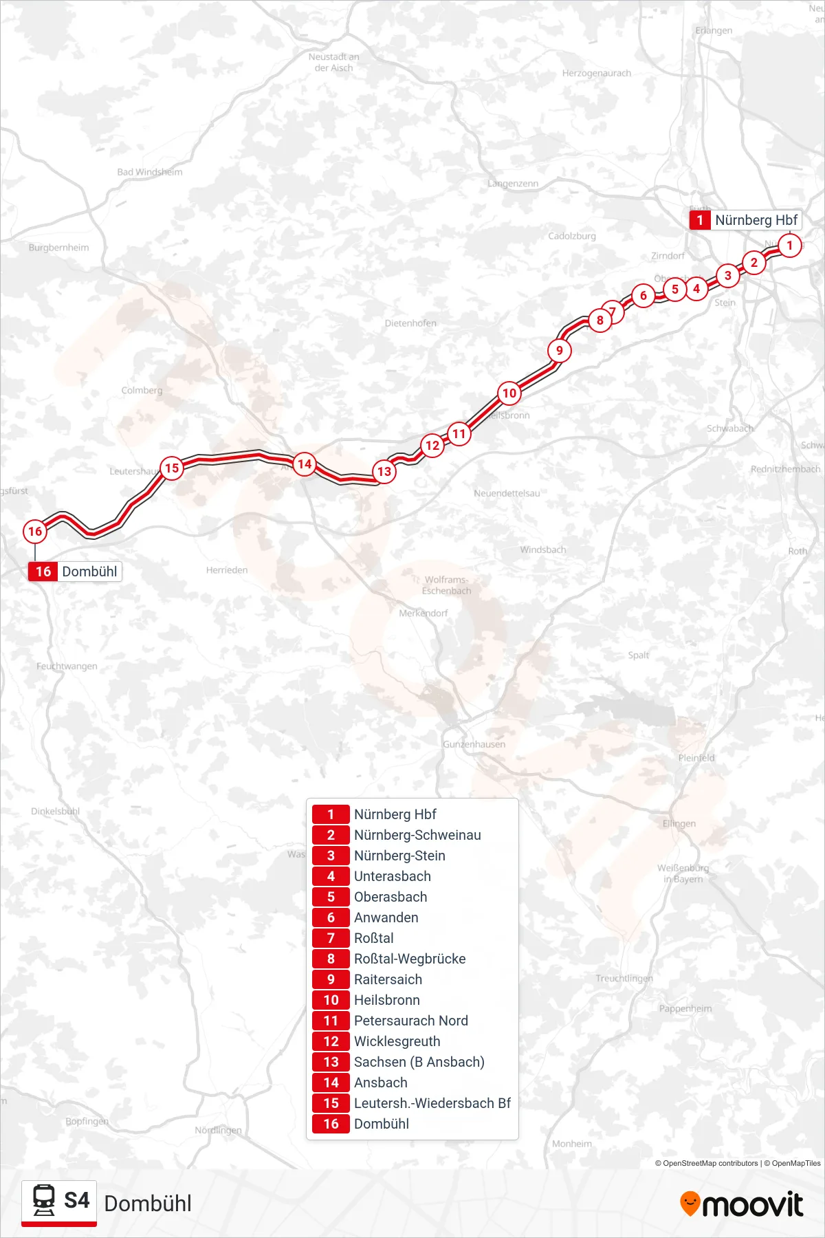 Linie S4 (Tram) Richtung Dombühl: Route und Haltestellen auf der Karte