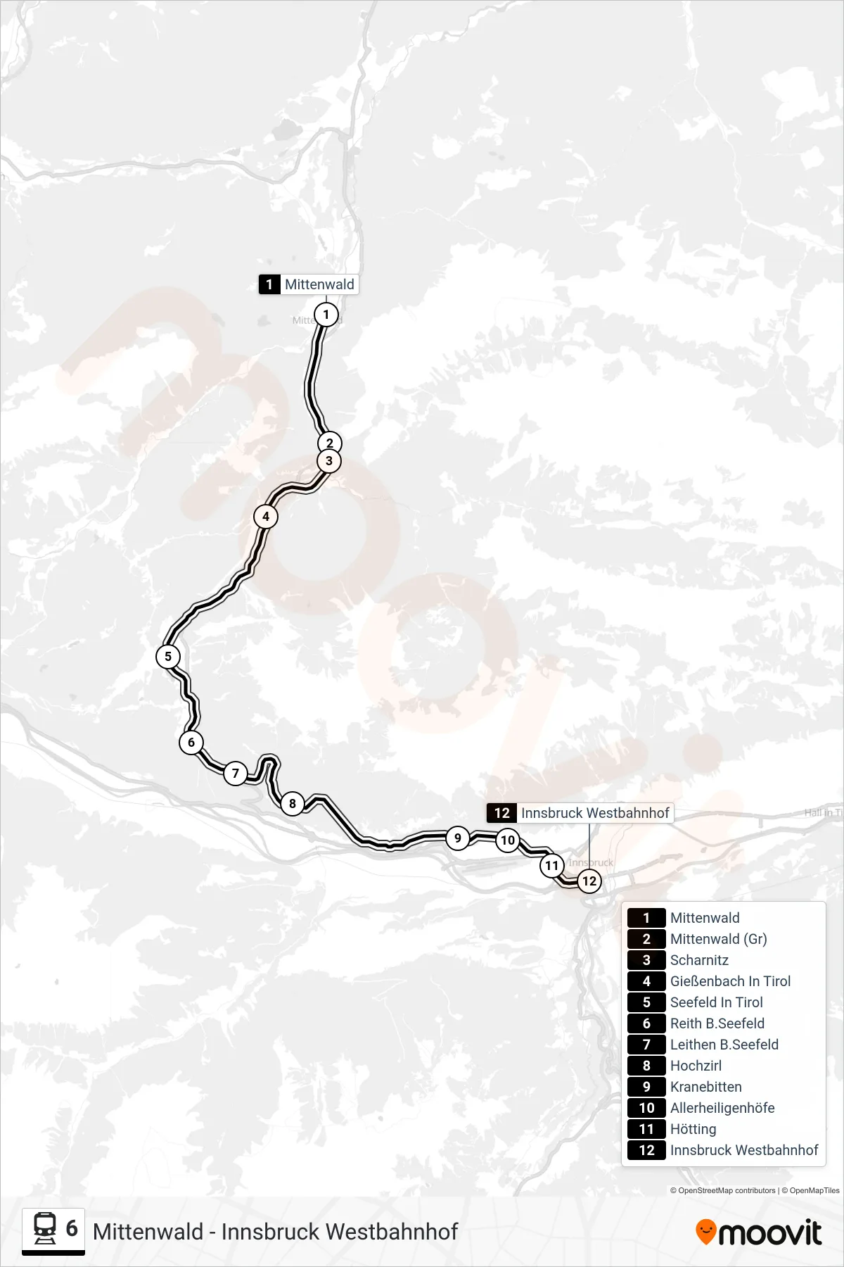 Linie 6 (Bahn) Richtung Innsbruck Westbahnhof: Route und Haltestellen auf der Karte